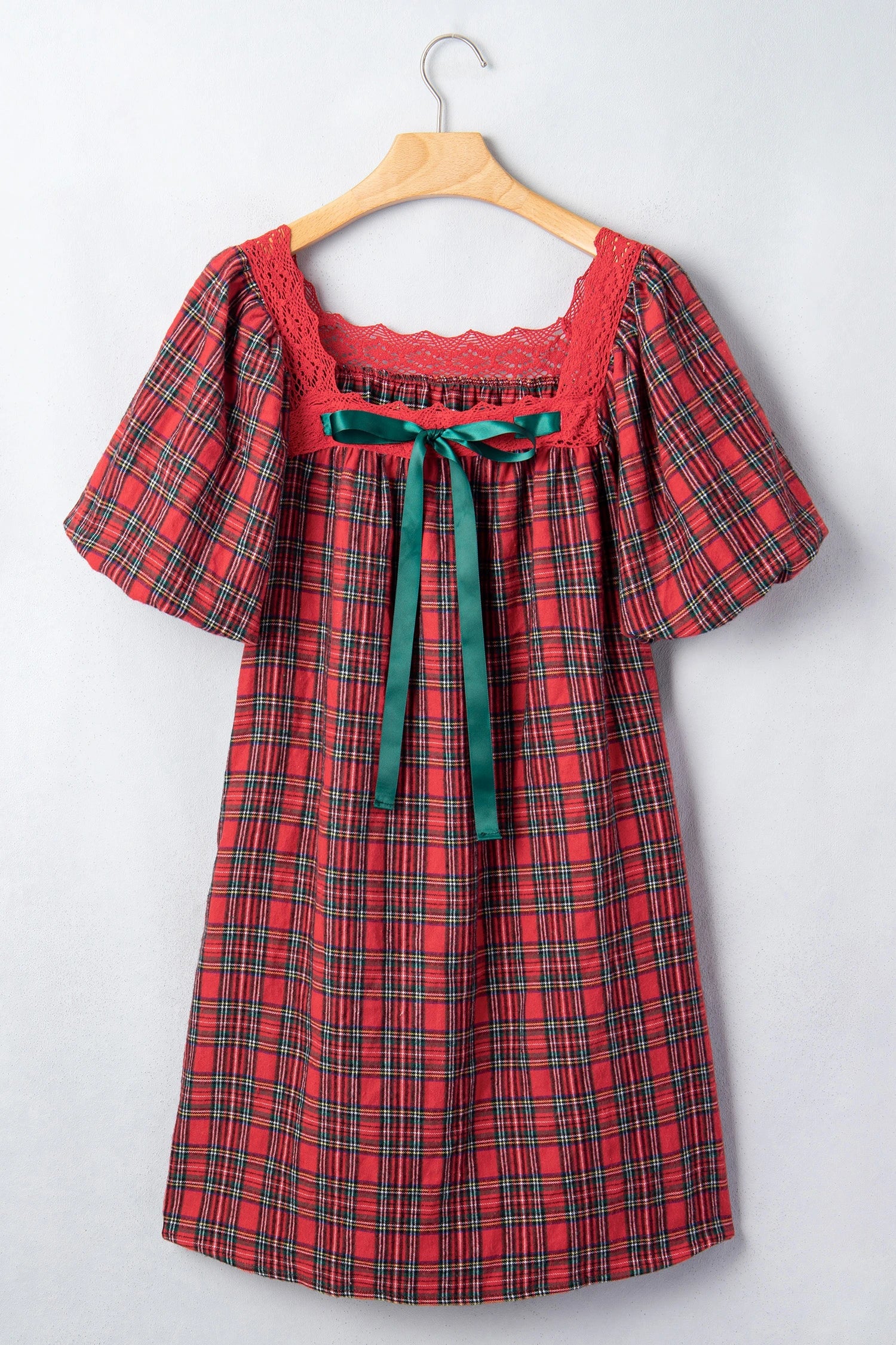Plaid Lace Trim Square Neck Mini Babydoll Dress in Red, detail view