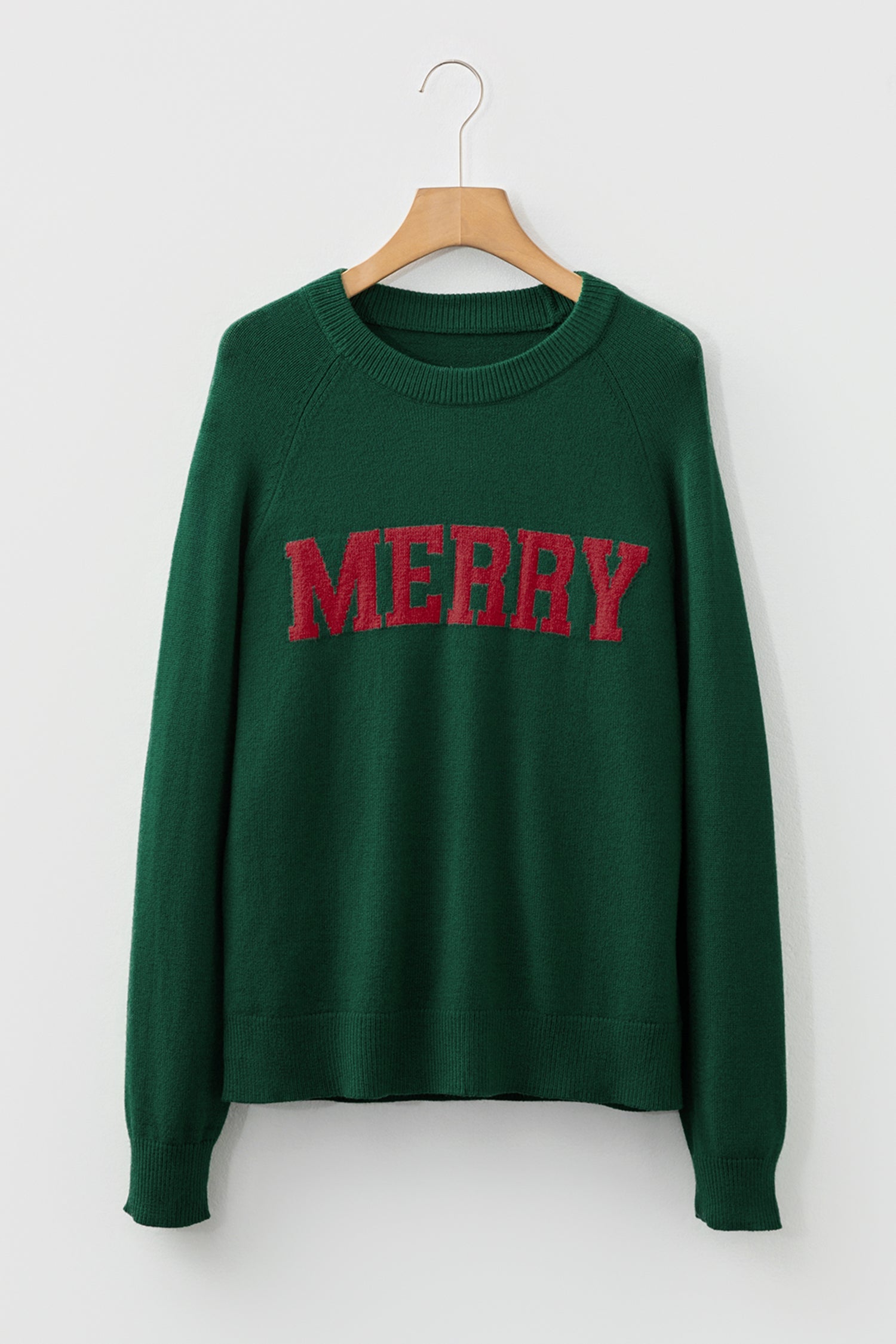 MERRY Raglan Long Sleeve Christmas Sweater, detail view