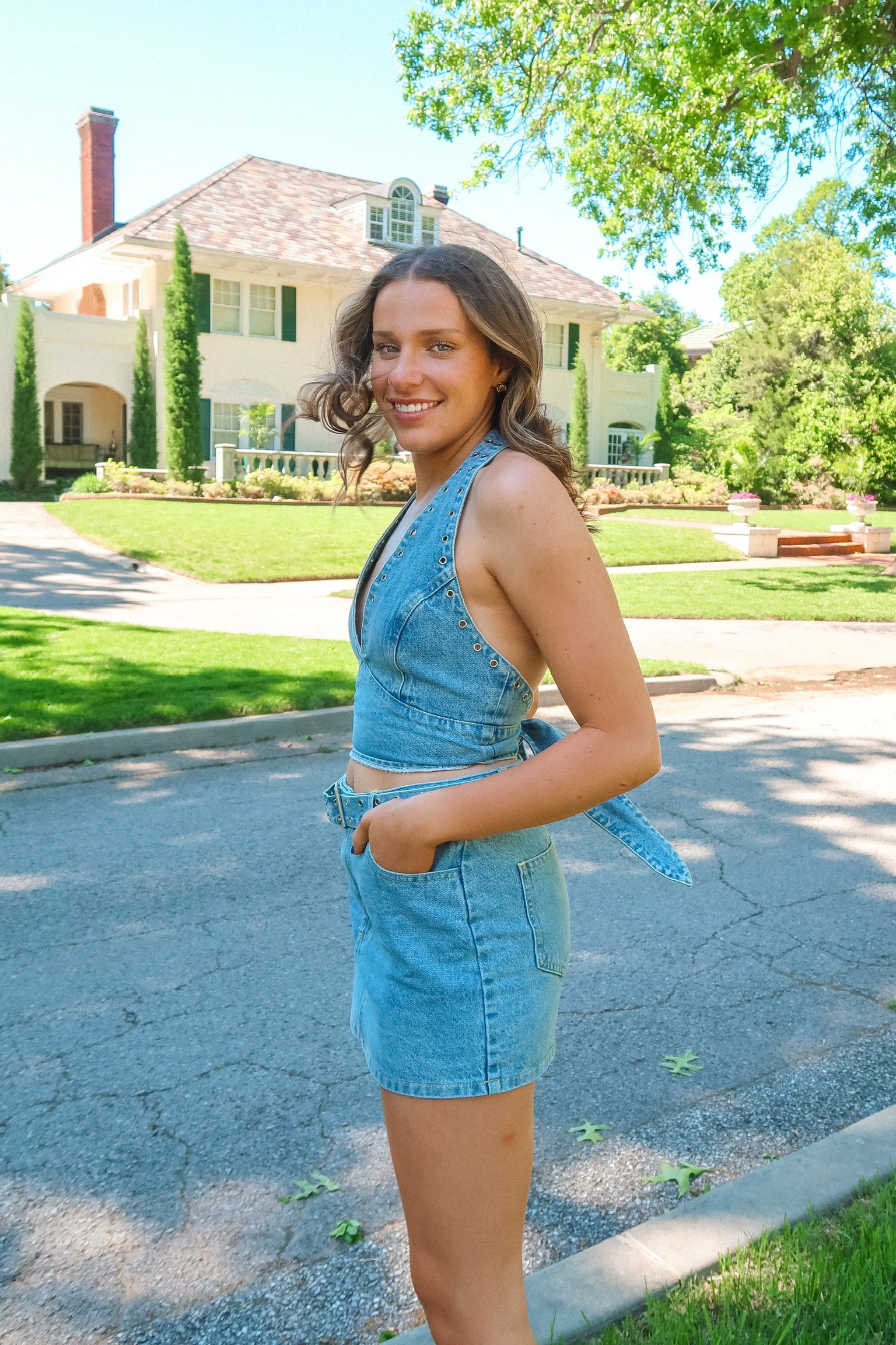 HALTER DENIM TOP WITH GROMMET
