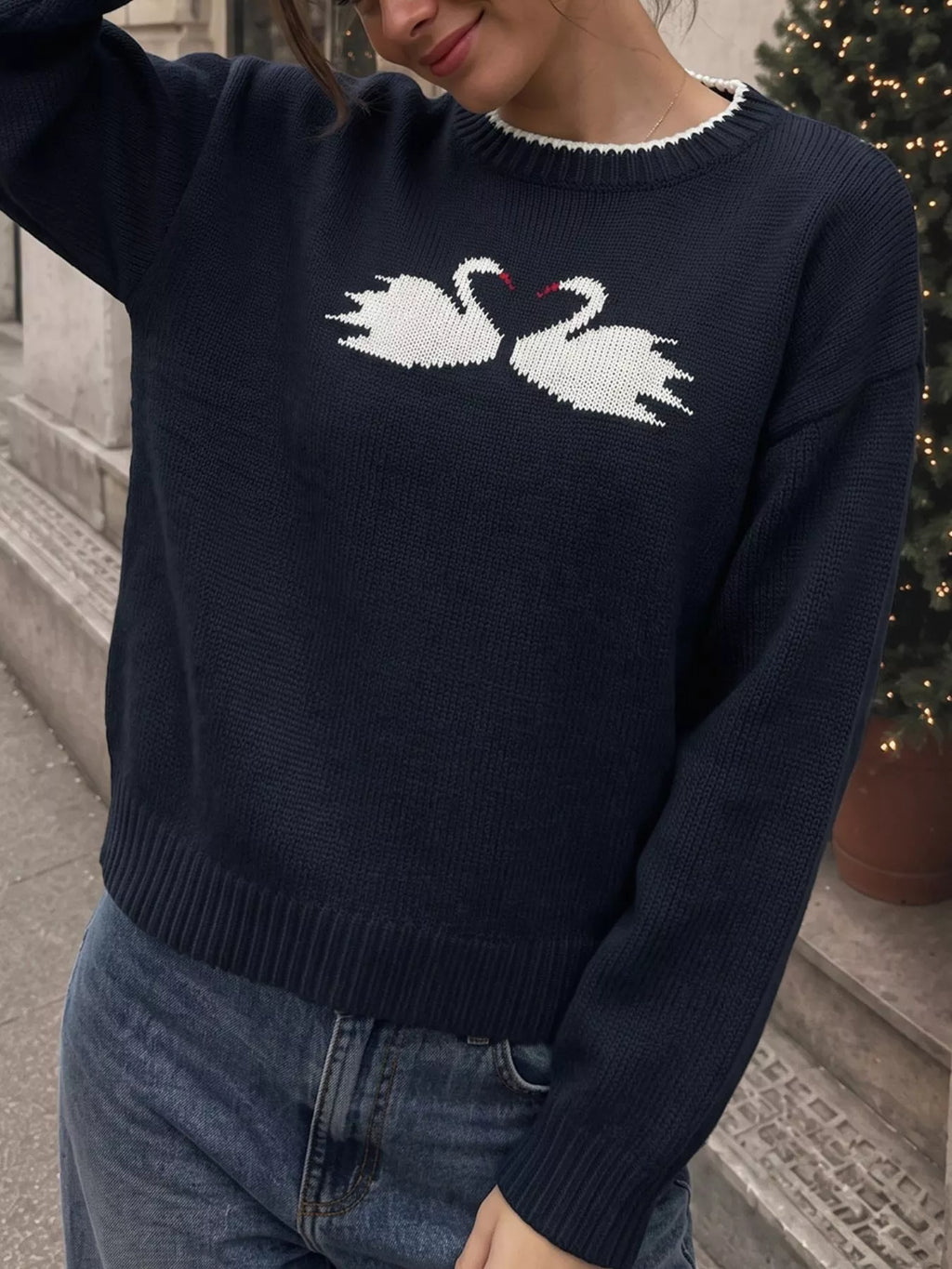 Swan drop shoulder sweater in navy, back view