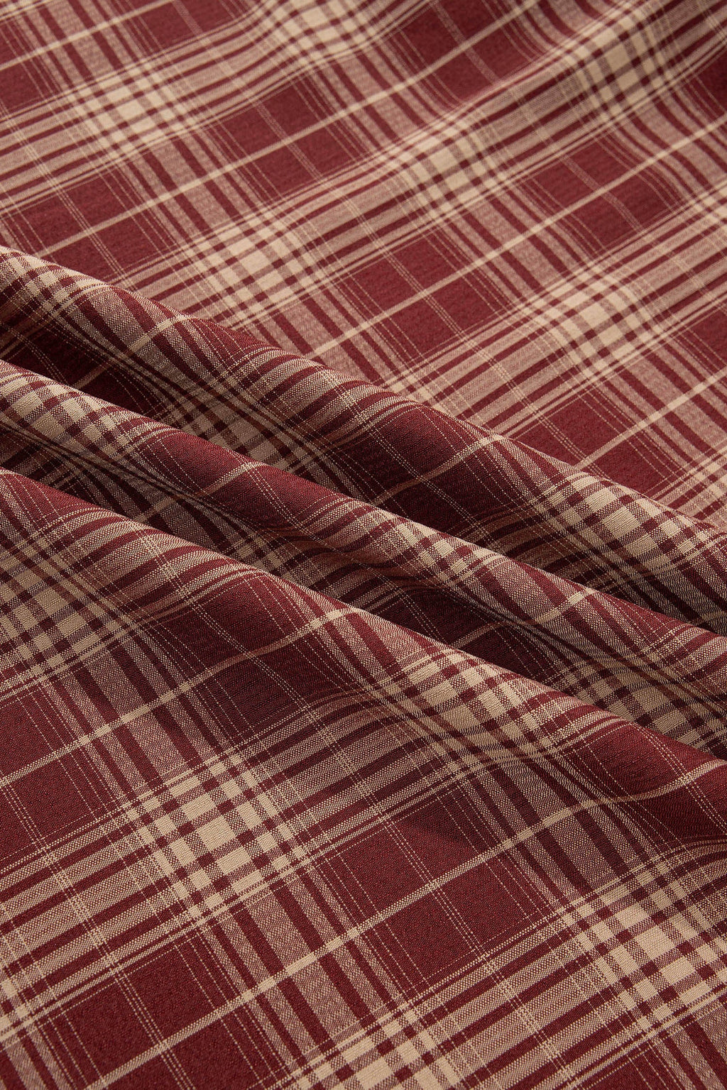 Plaid Vintage Knot Front Smocked High Waist Midi Dress in Red, close-up detail