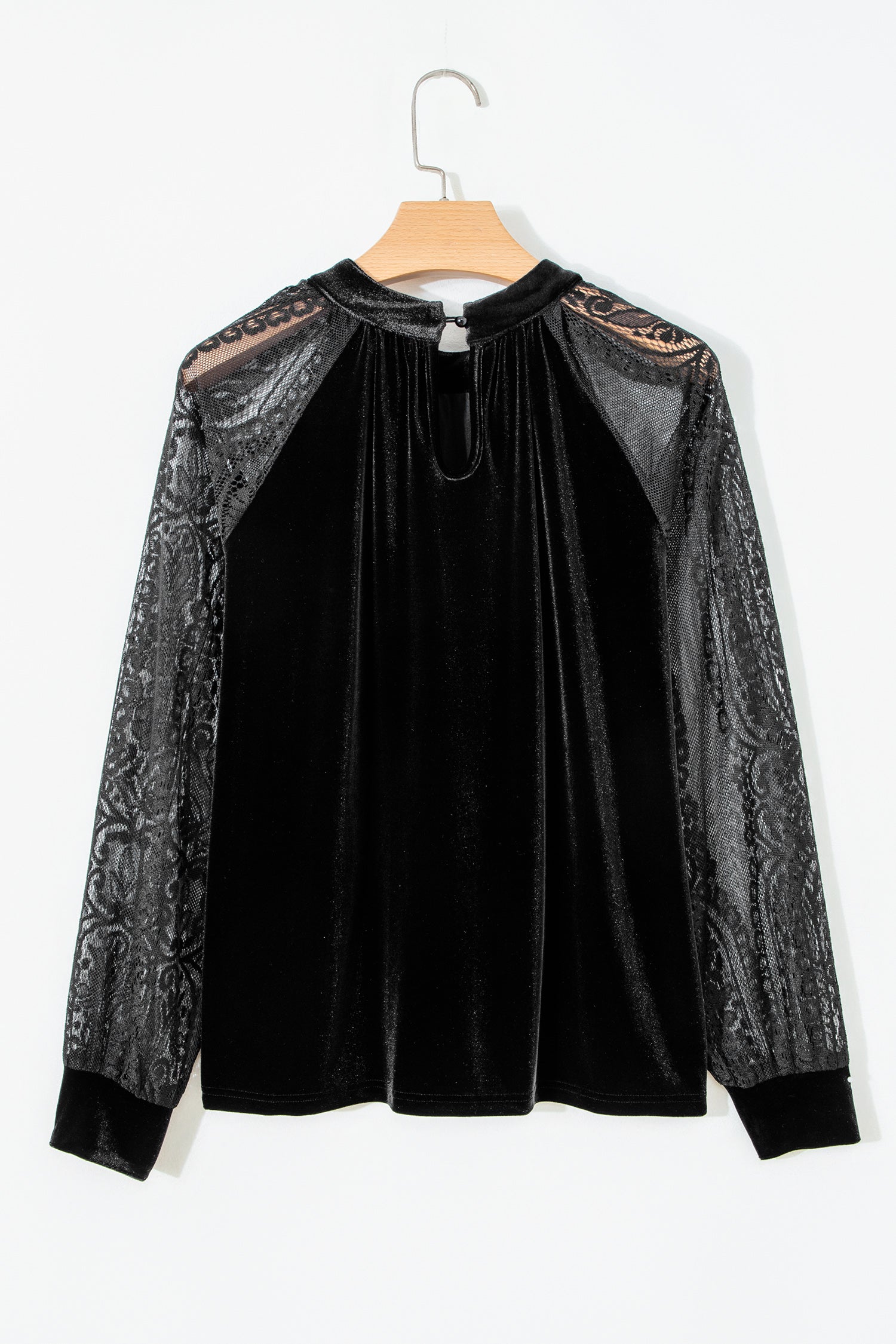 Solid Velvet Patchwork Sheer Lace Long Sleeve Blouse, styled view