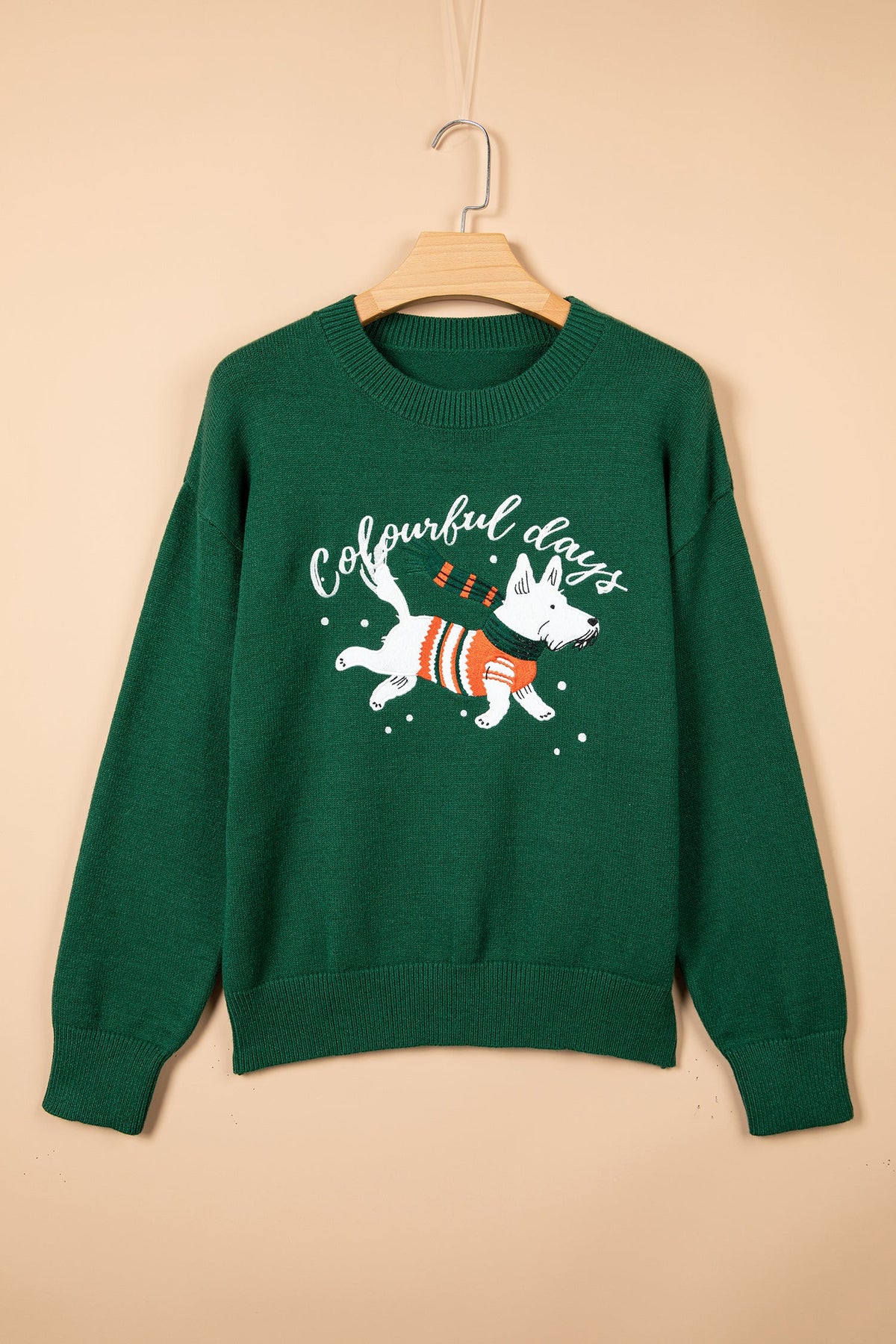 Christmas Dog Embroidered Sweater in blackish green, detail view