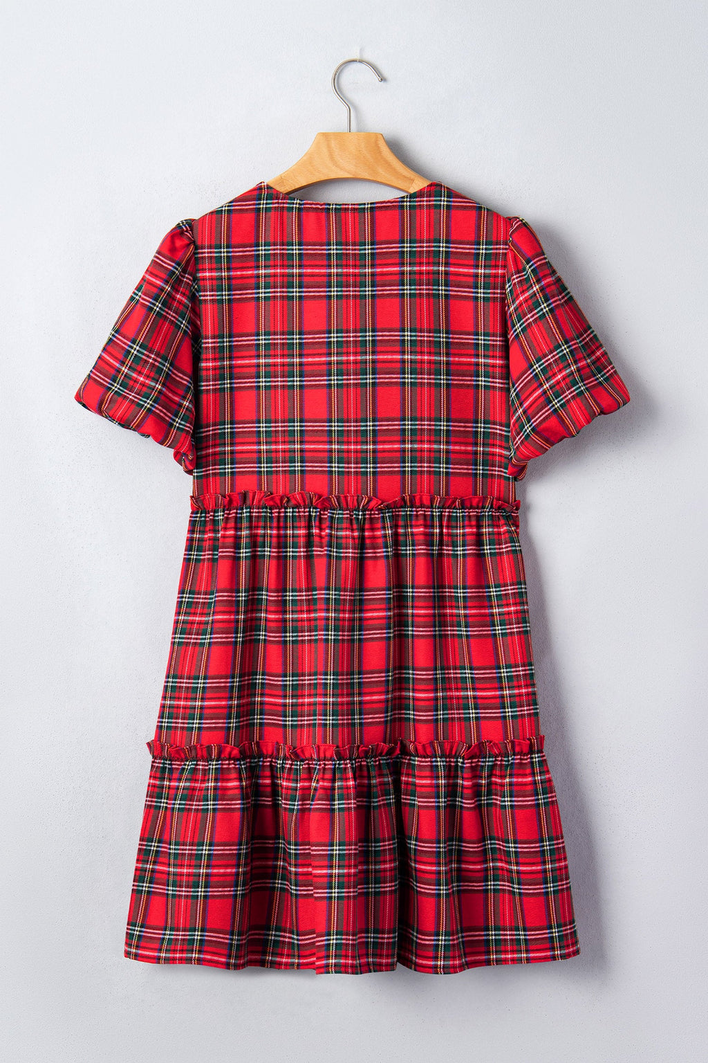 Plaid Bow Tie Neck Short Sleeve Ruffle Mini Dress in Red, styled view