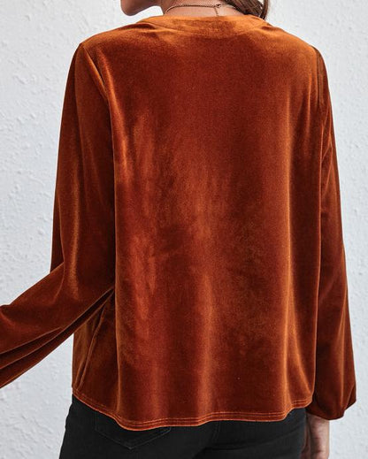 Notched Long Sleeve Velvet Top