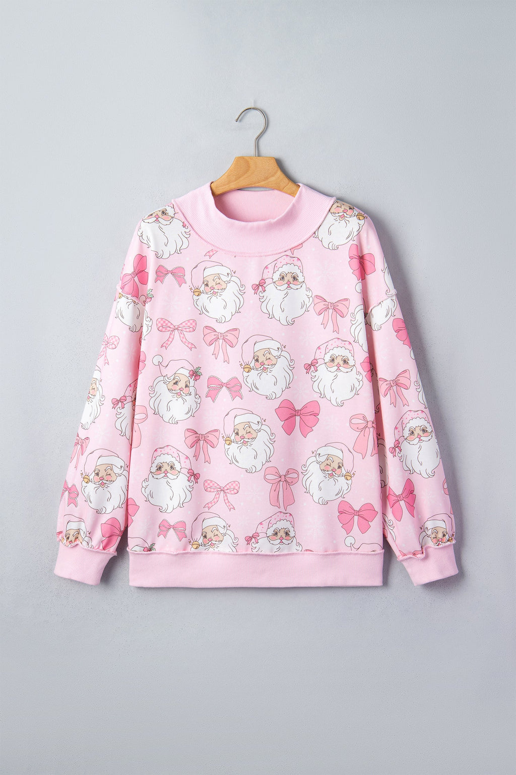Christmas Santa Bow Mock Neck Sweatshirt in pink, detail view