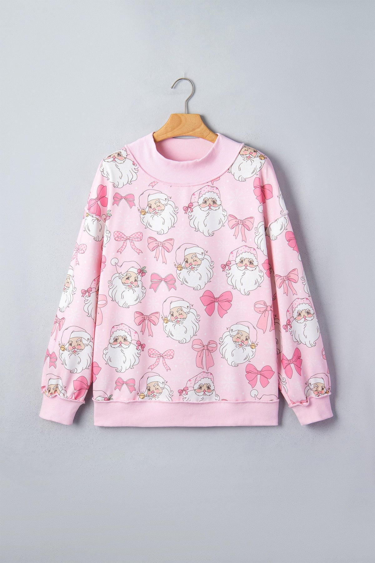 Christmas Santa Bow Mock Neck Sweatshirt in pink, detail view