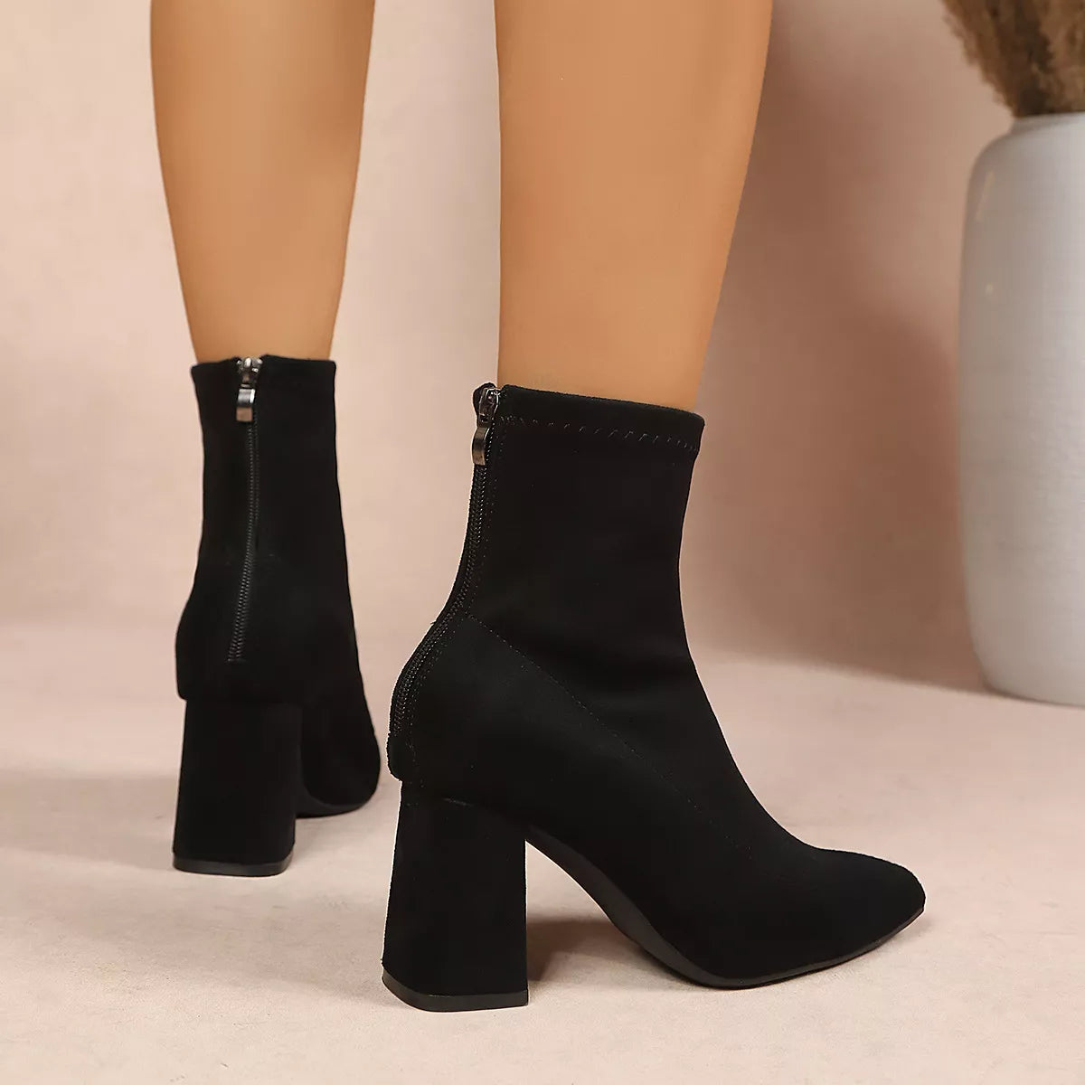 Point toe block heel ankle boots in suede, view 12