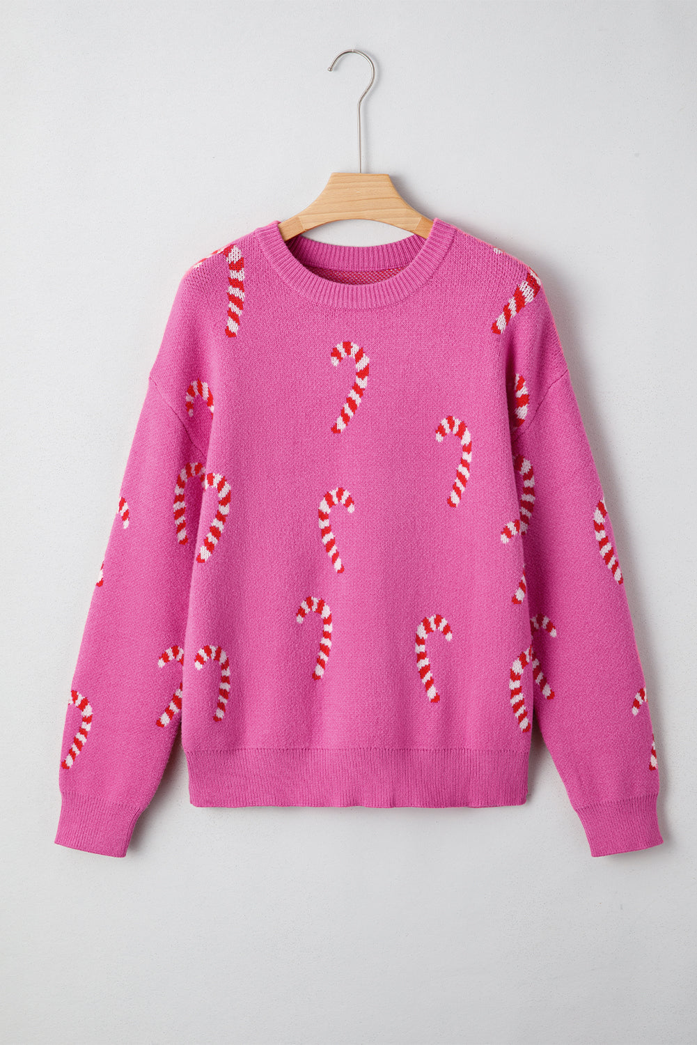 Christmas Candy Cane Drop Shoulder Sweater in dark green and sachet pink, alternate view