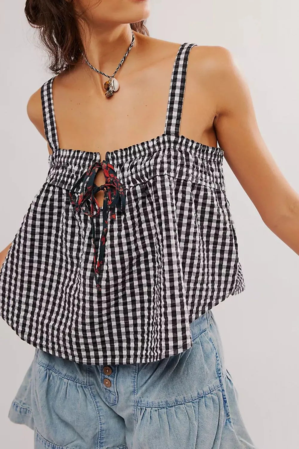 Tied Front Textured Square Neck Cami - square neck tie-front cami, view 5