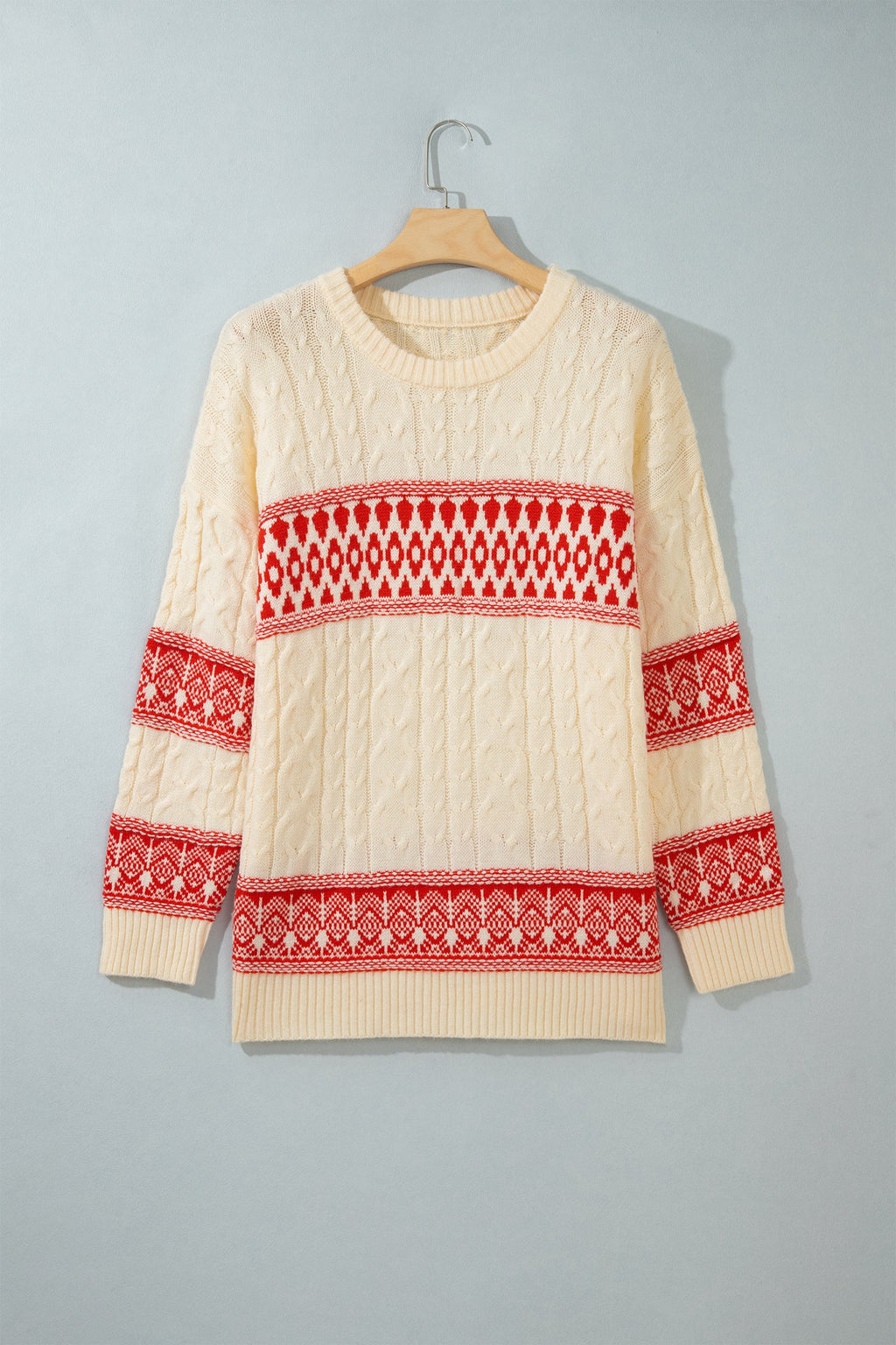 Western Fair Isle Cable Knit Sweater in red, detail view