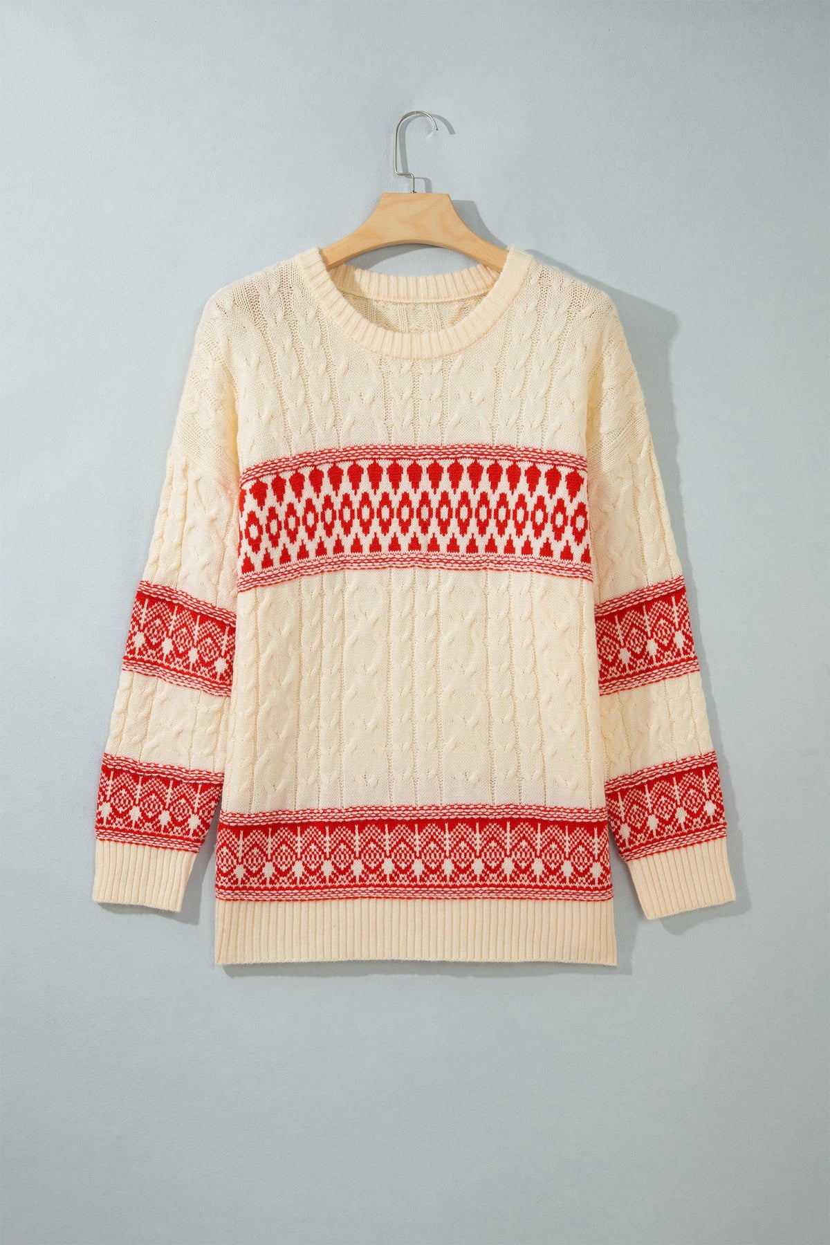 Western Fair Isle Cable Knit Sweater in red, detail view