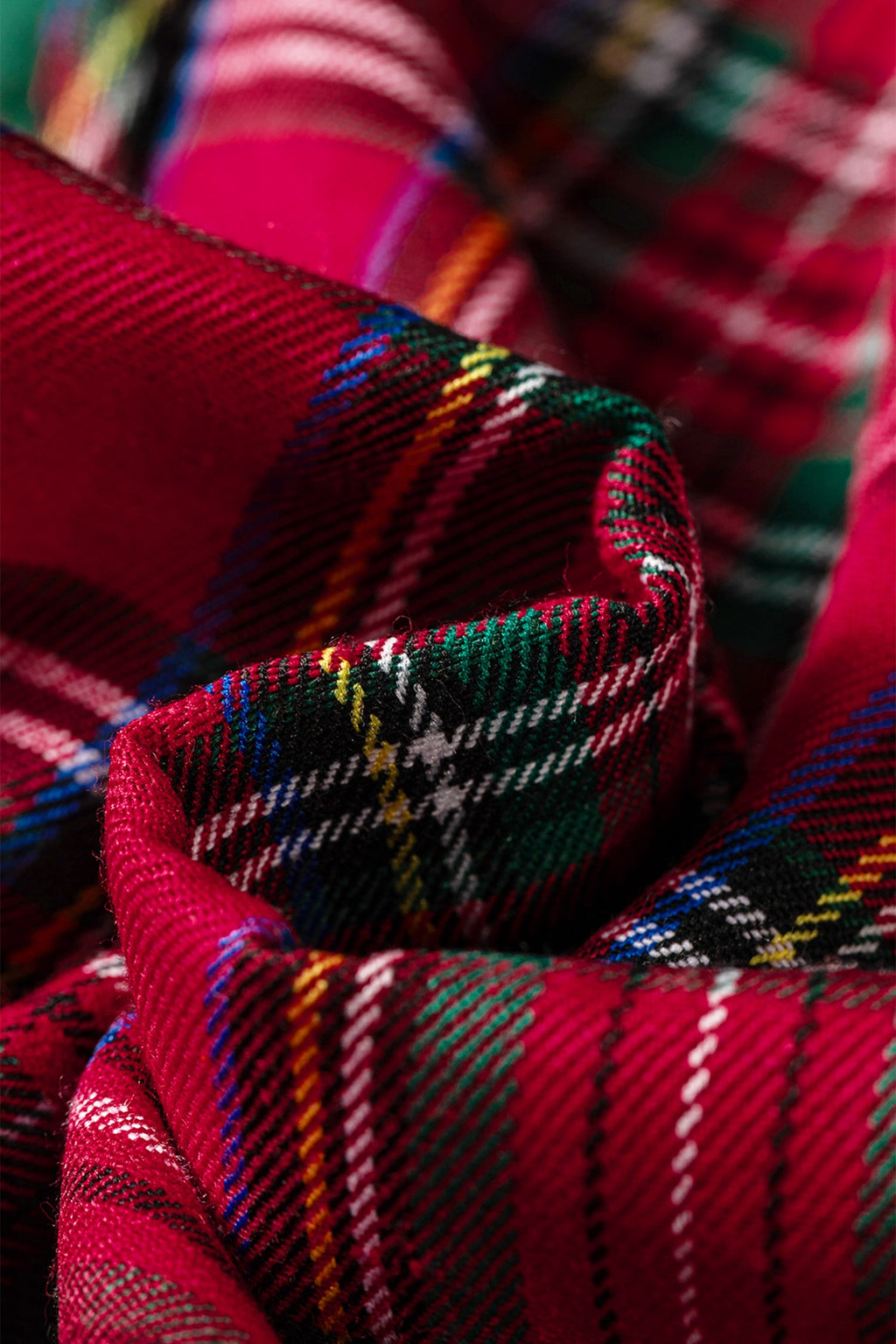 Plaid Ruffle Colorblock Buttoned Mini Dress in Red, close-up detail