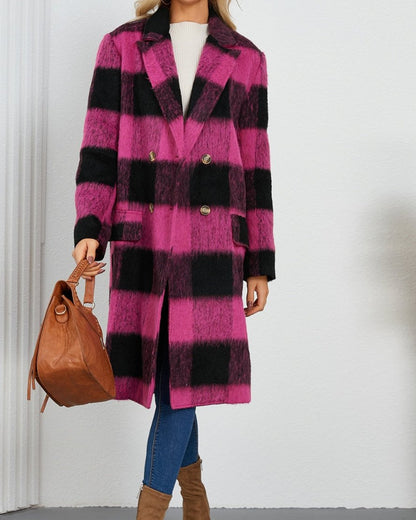 Plaid Double-Breasted Long Sleeve Coat