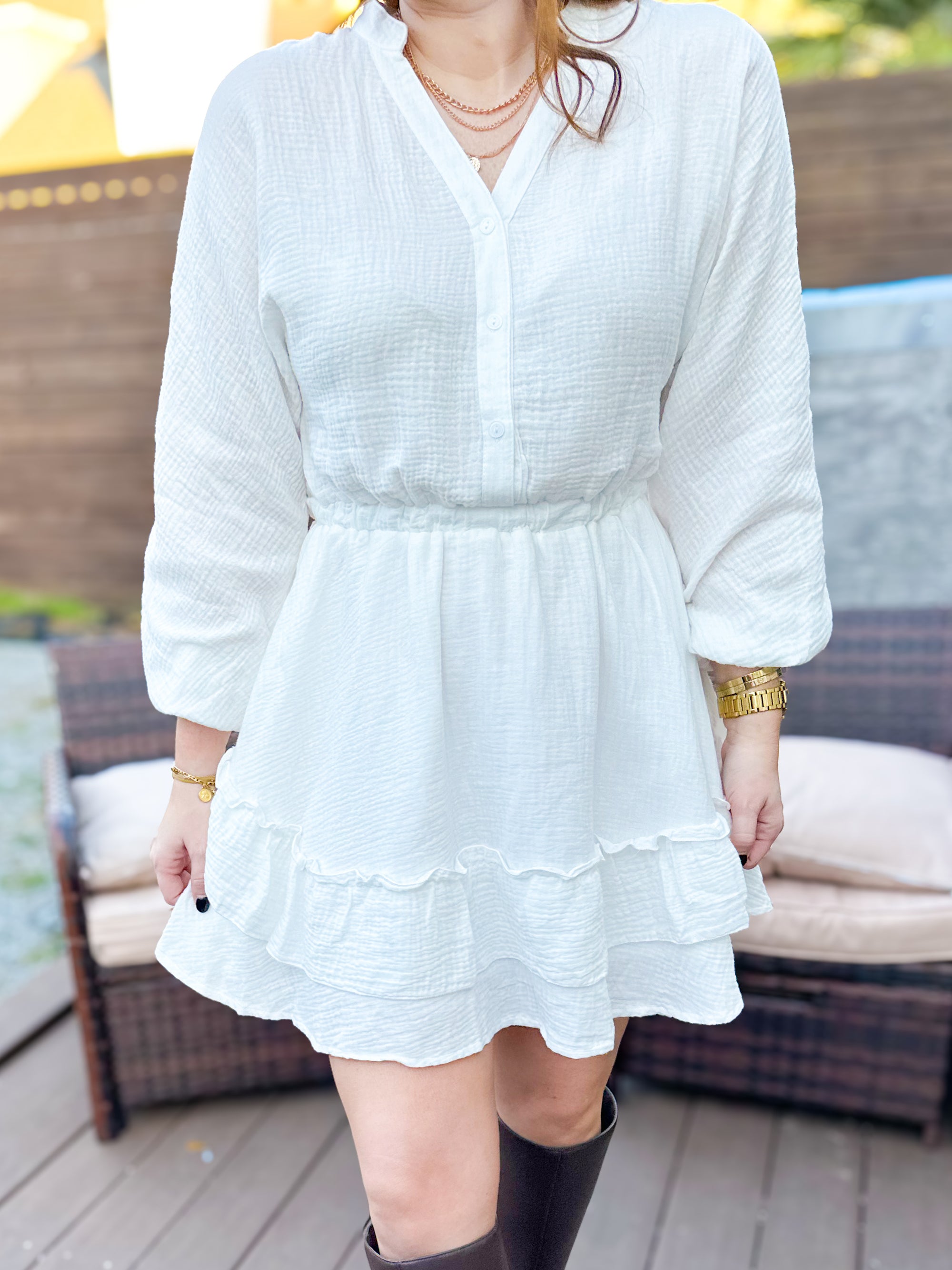 Ruffled Notched Balloon Sleeve Mini Dress