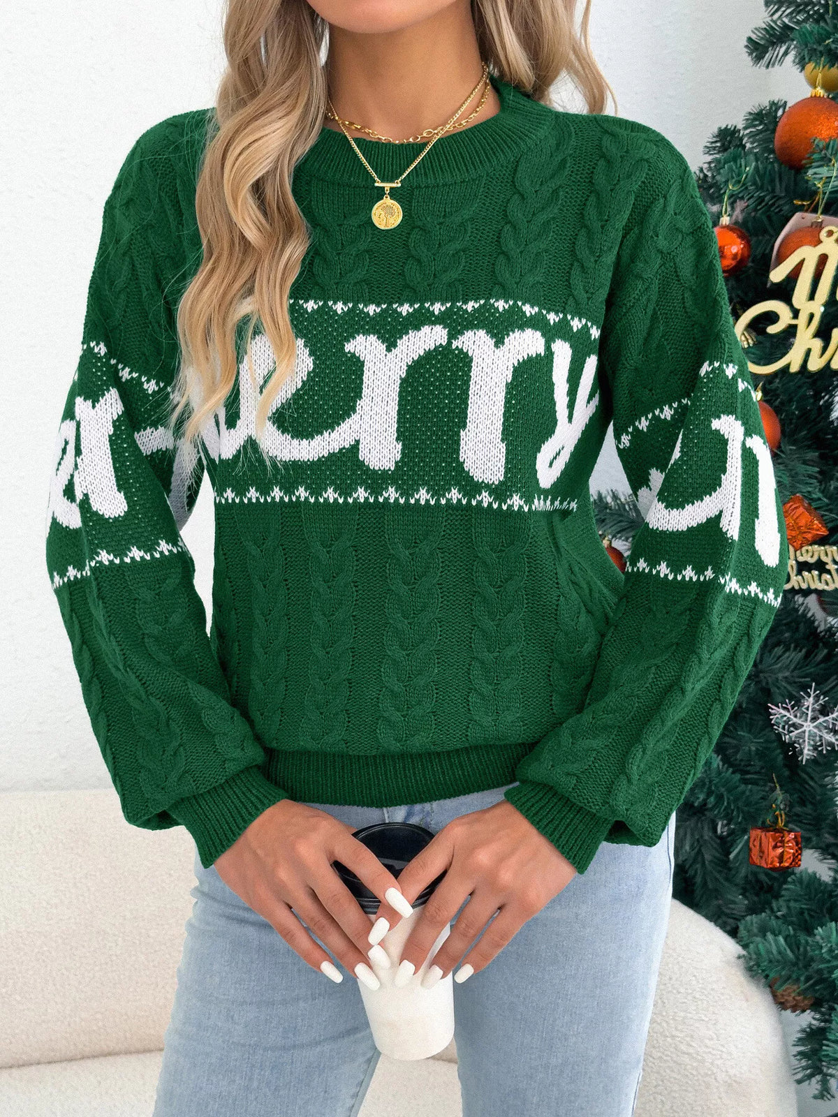Merry cable knit Christmas sweater in red and green - view 6