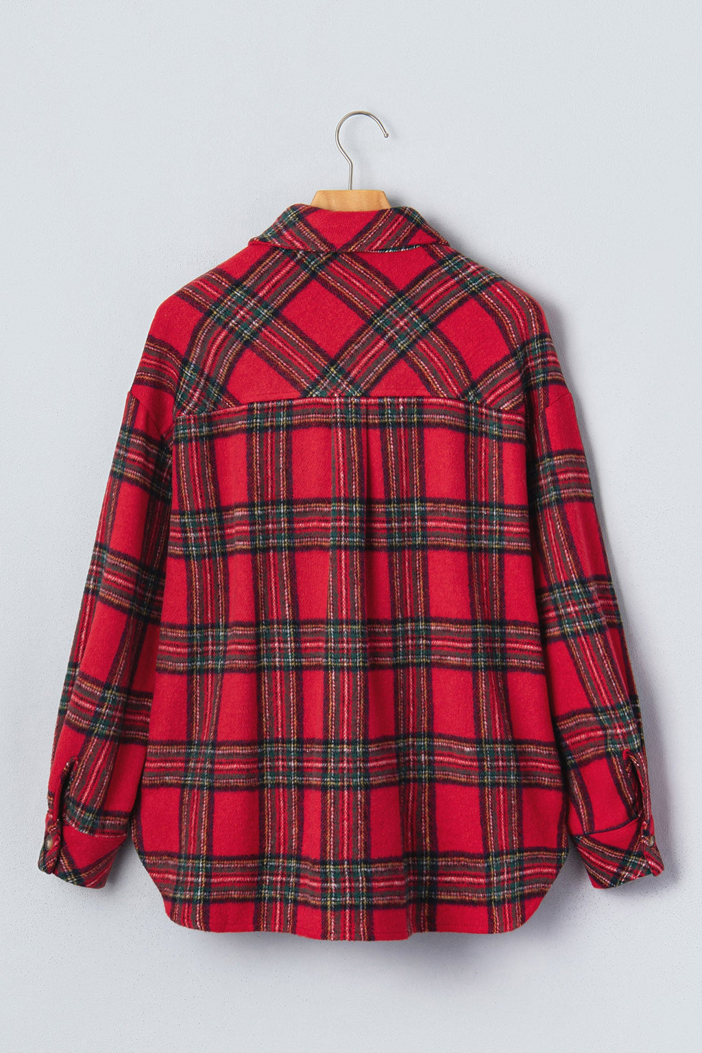 Plaid Button Front Long Sleeve Shacket in Red, styled view