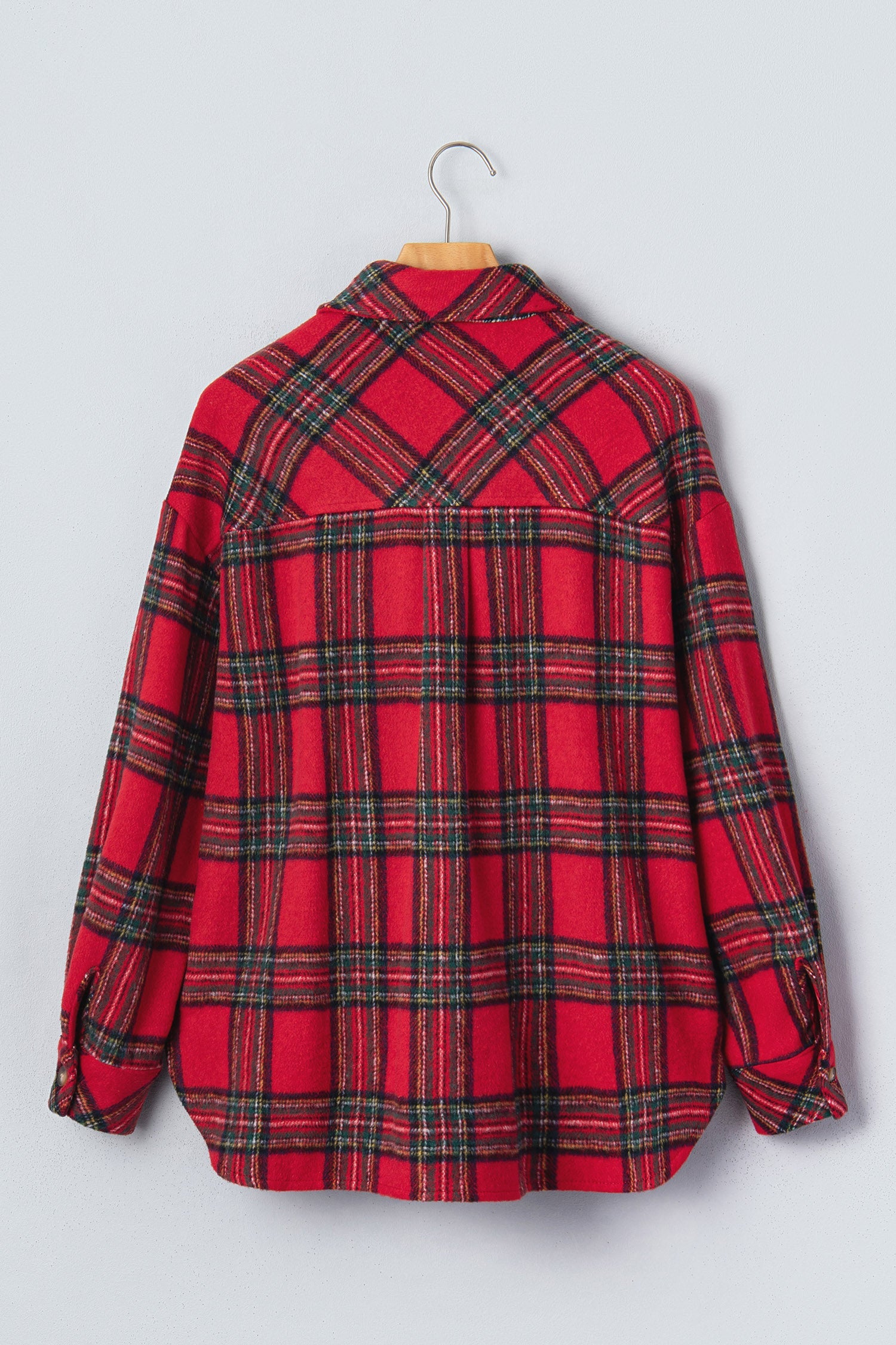 Plaid Button Front Long Sleeve Shacket in Red, styled view