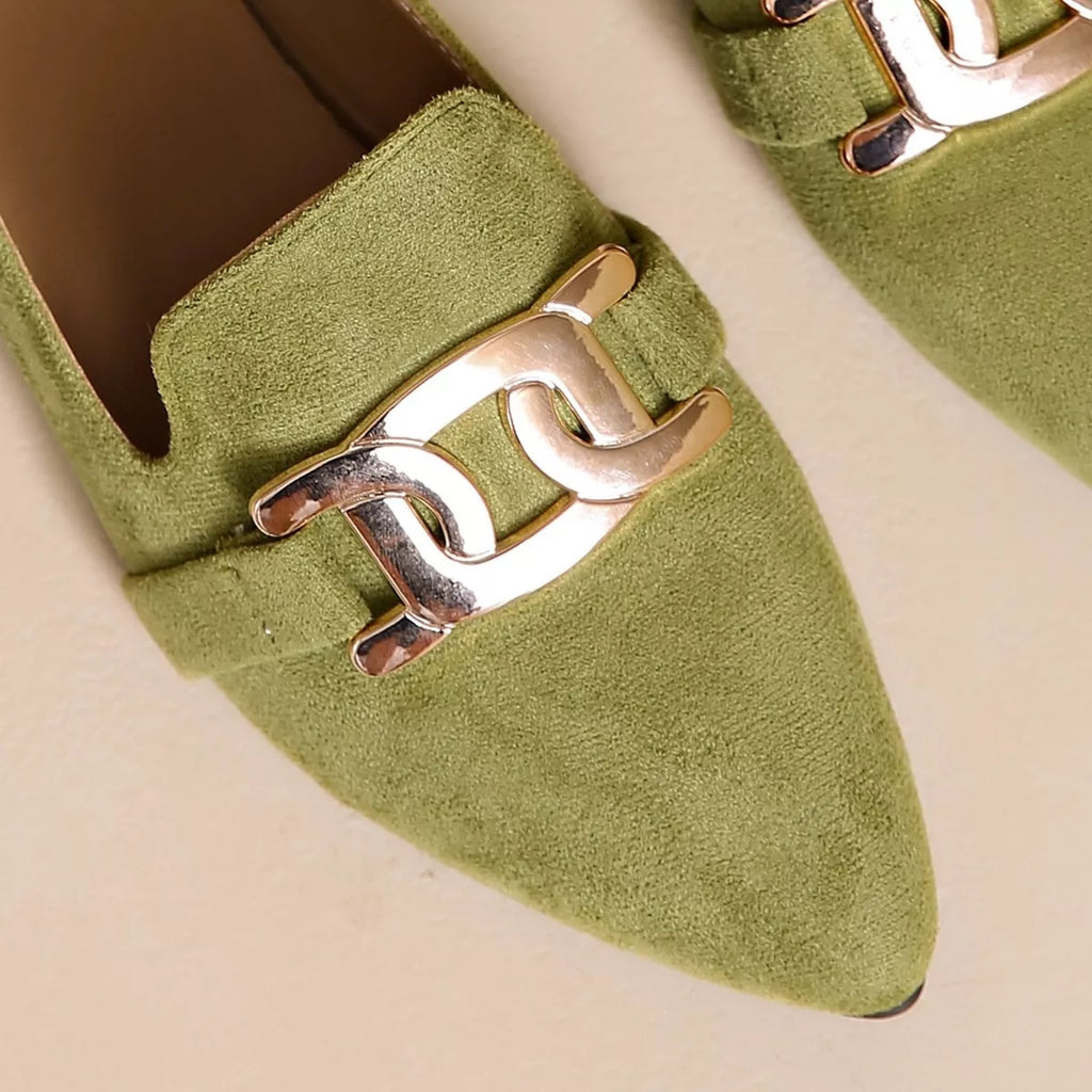 Pointed Toe Chain Detail Loafers in matcha green, black and pink, styled view