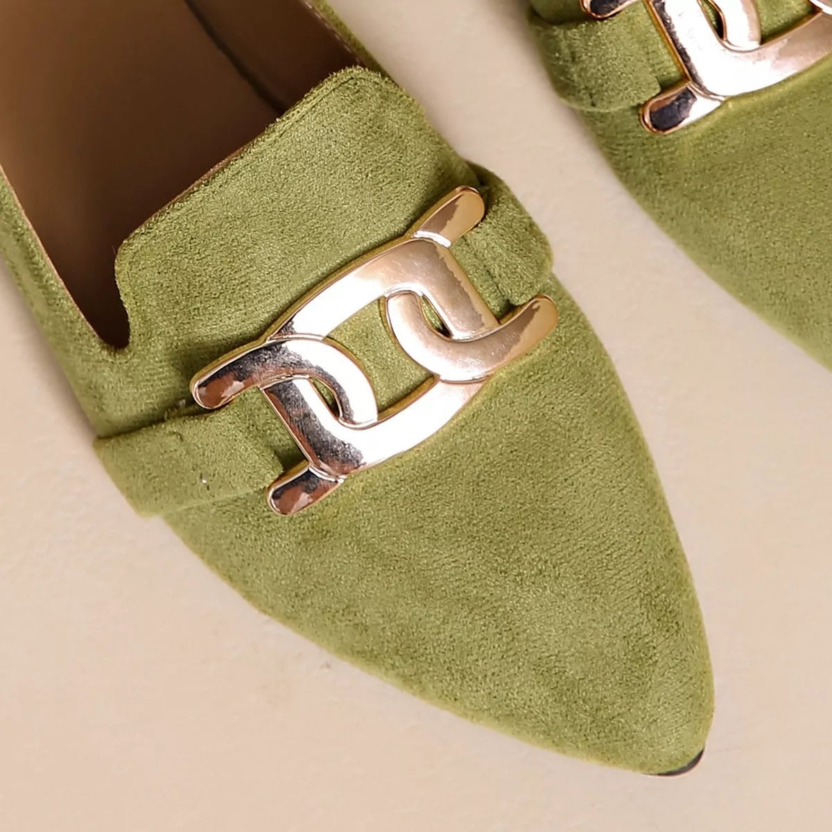 Pointed Toe Chain Detail Loafers in matcha green, black and pink, styled view