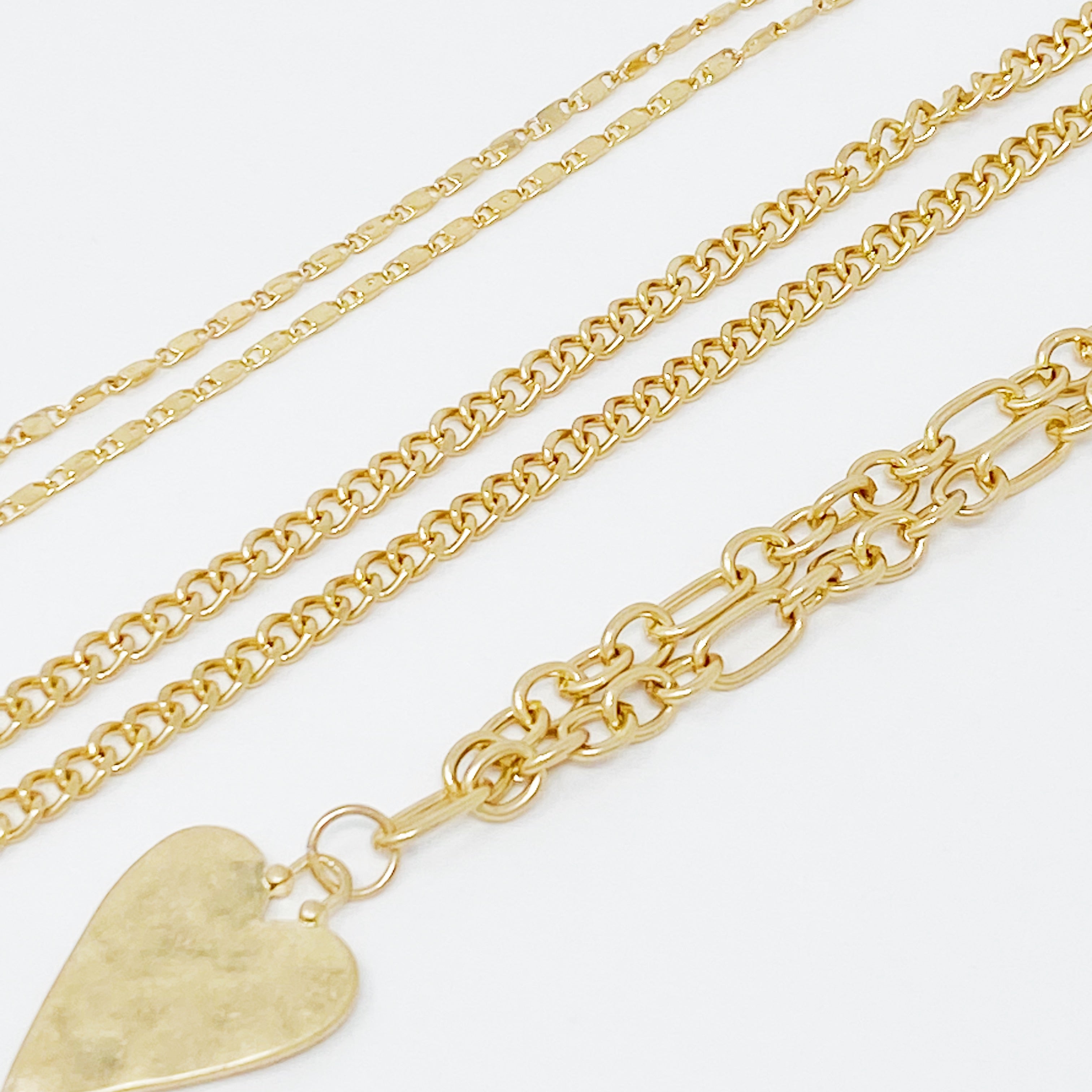 Heart Charm Layered Chain Necklace Set of 3 - close up of heart pendant