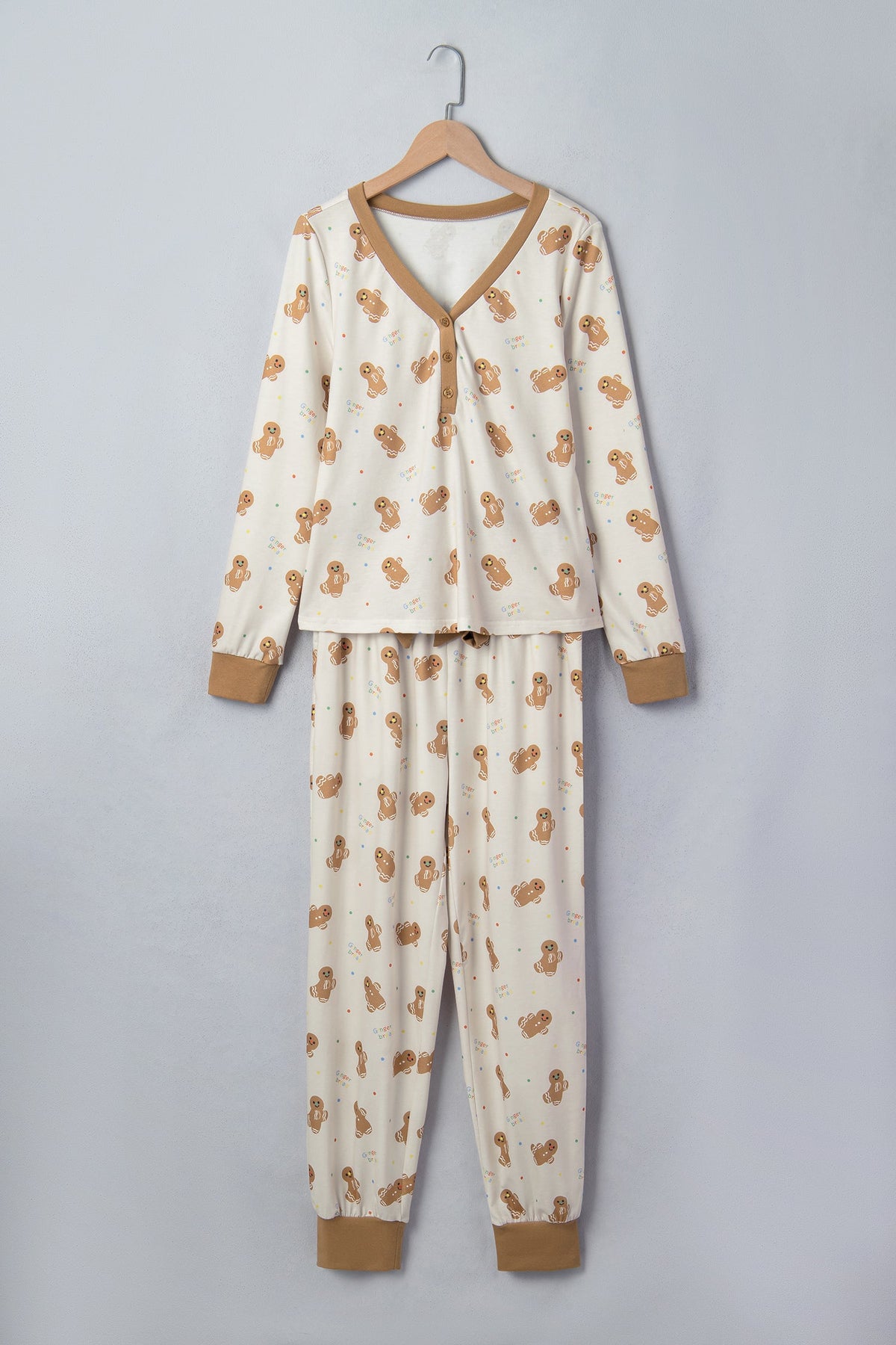 Christmas Gingerbread Top & Pants Pajama Set in khaki, detail view
