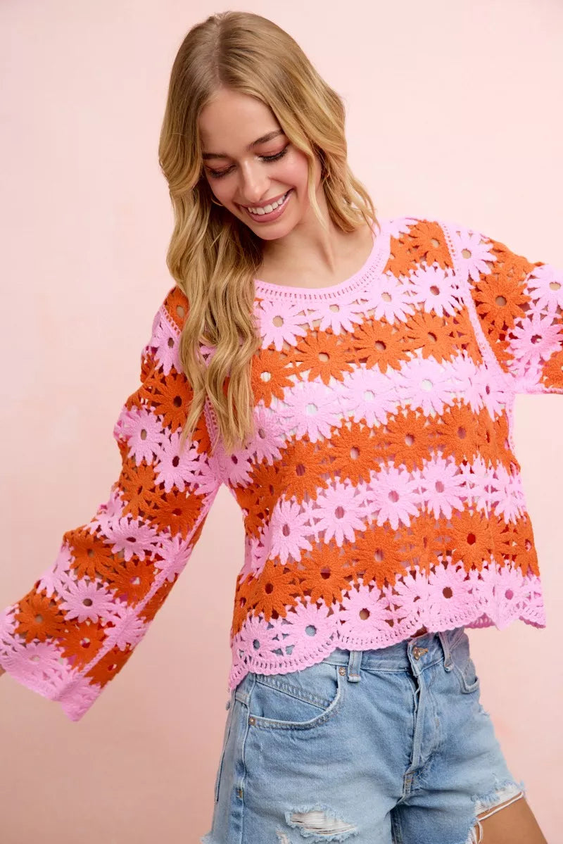 BiBi Flower Crochet Knit Top in Pink/Red, floral crochet detailing