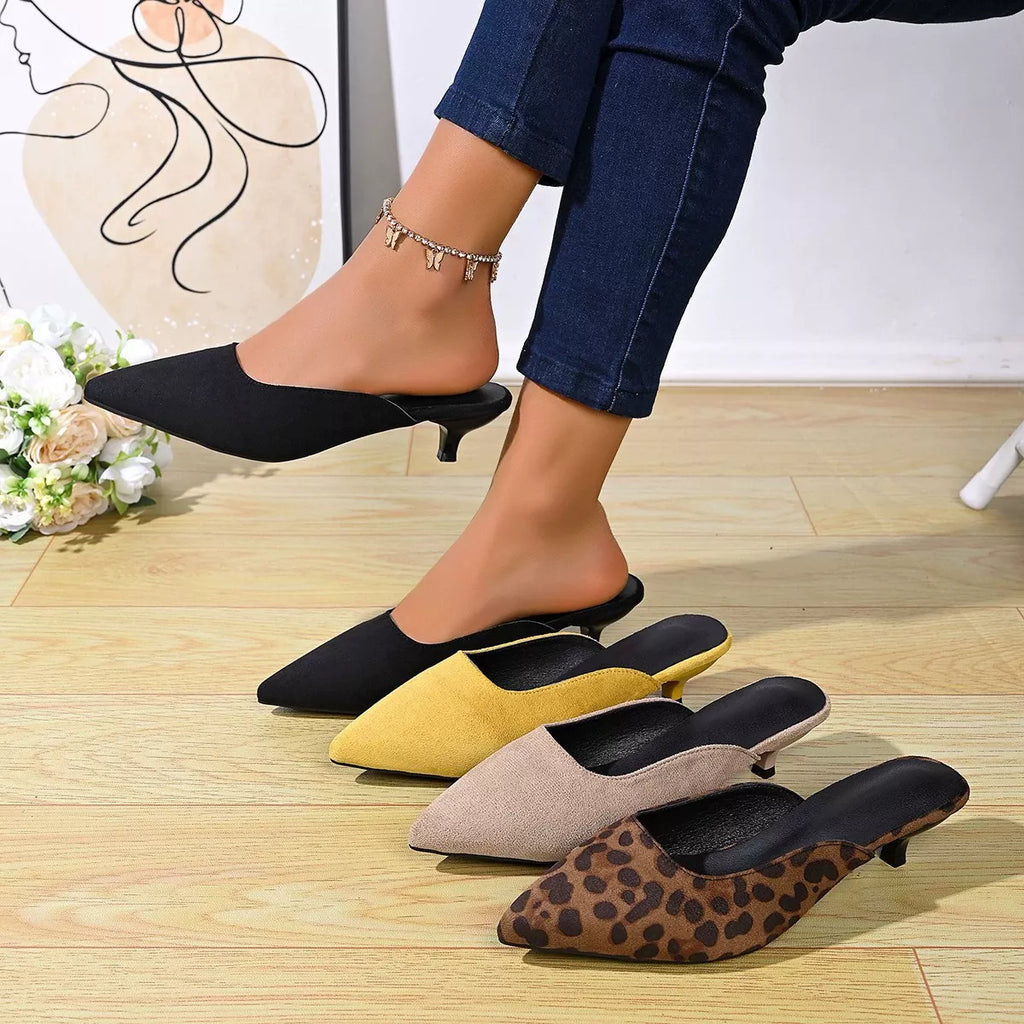 Point Toe Kitten Heels Pumps in Black - front view showing pointed toe and kitten heel