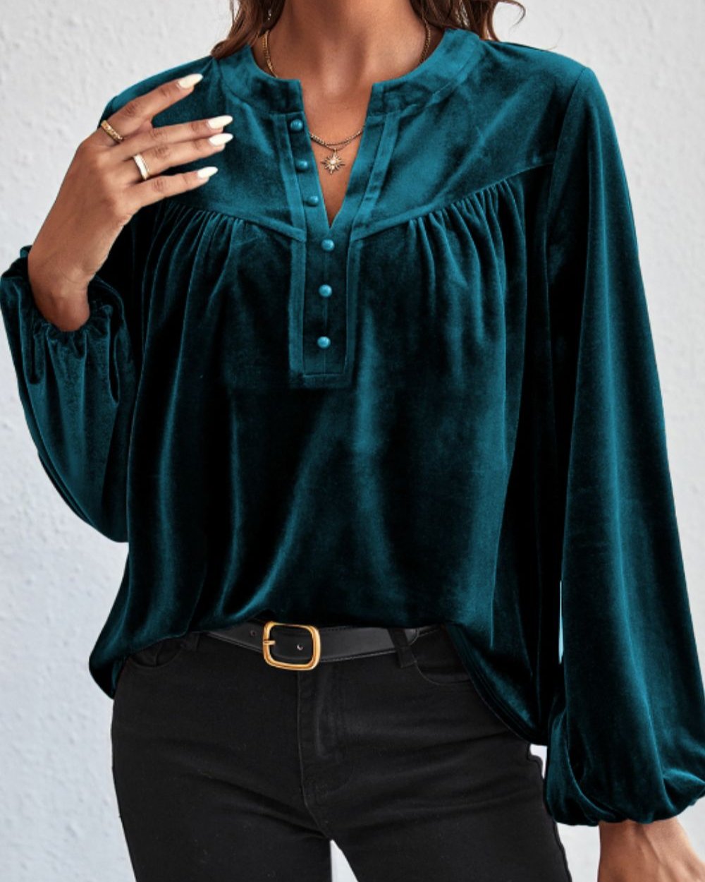 Notched Long Sleeve Velvet Top