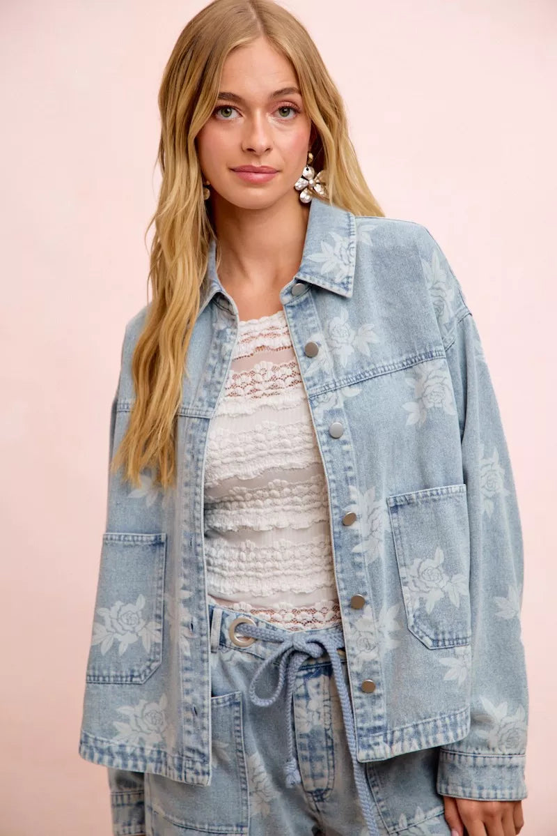 BiBi Printed Washed Denim Jacket - styled layered over dress