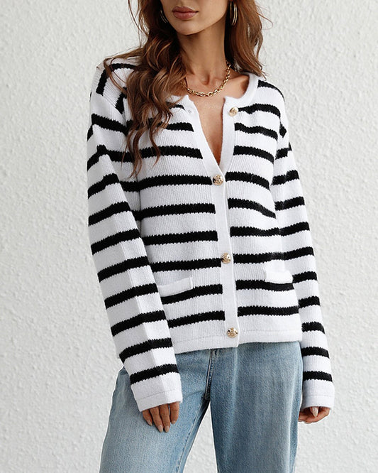 Striped Button Down Long Sleeve Cardigan