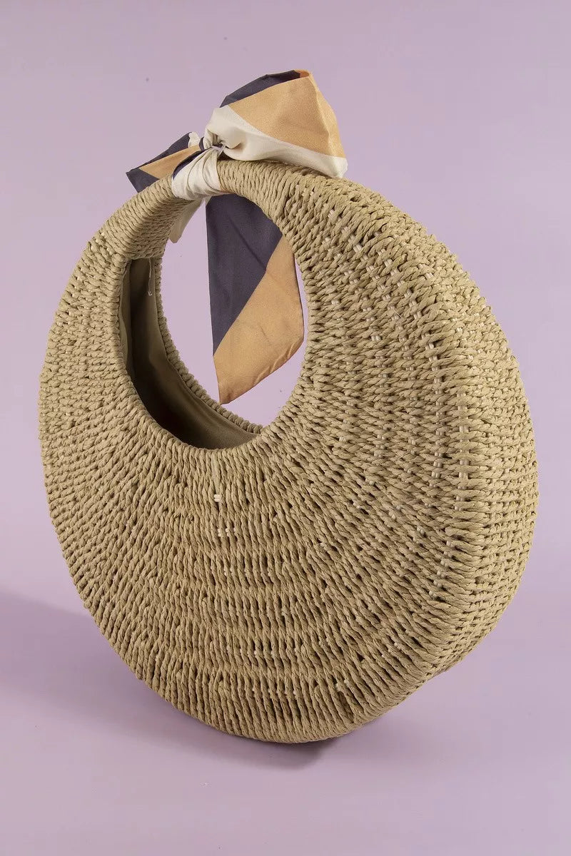 Fame Round Woven Straw Bag With Bow Scarf Accent - back view