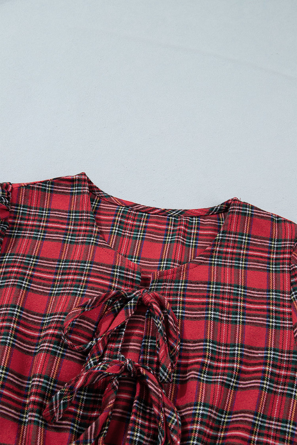 Plaid Bow Tie Front Puff Long Sleeve Dress in Red, back view