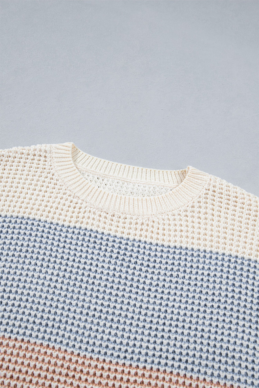 Colorblock Stripe Round Neck Sweater in light blue, close-up
