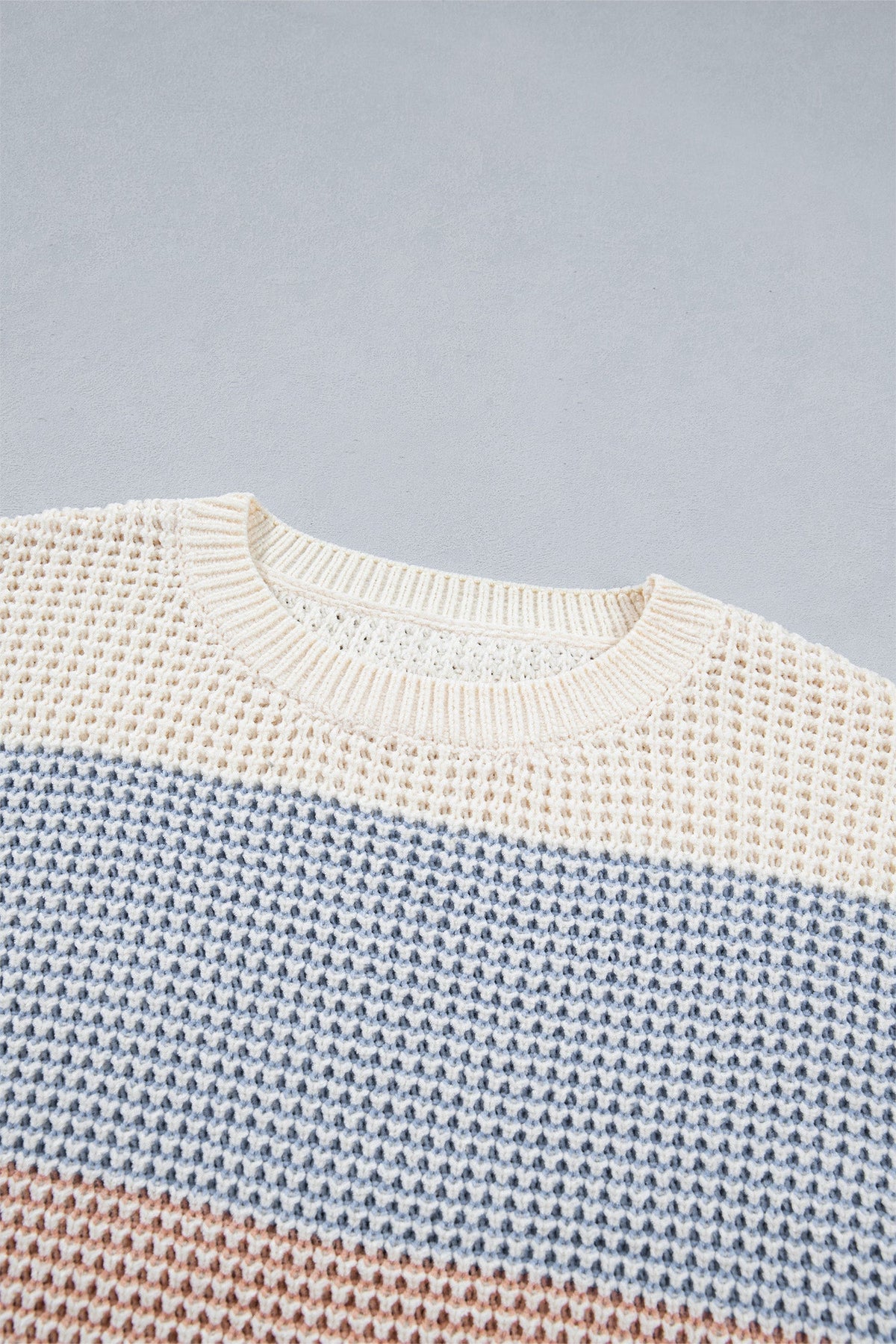 Colorblock Stripe Round Neck Sweater in light blue, close-up