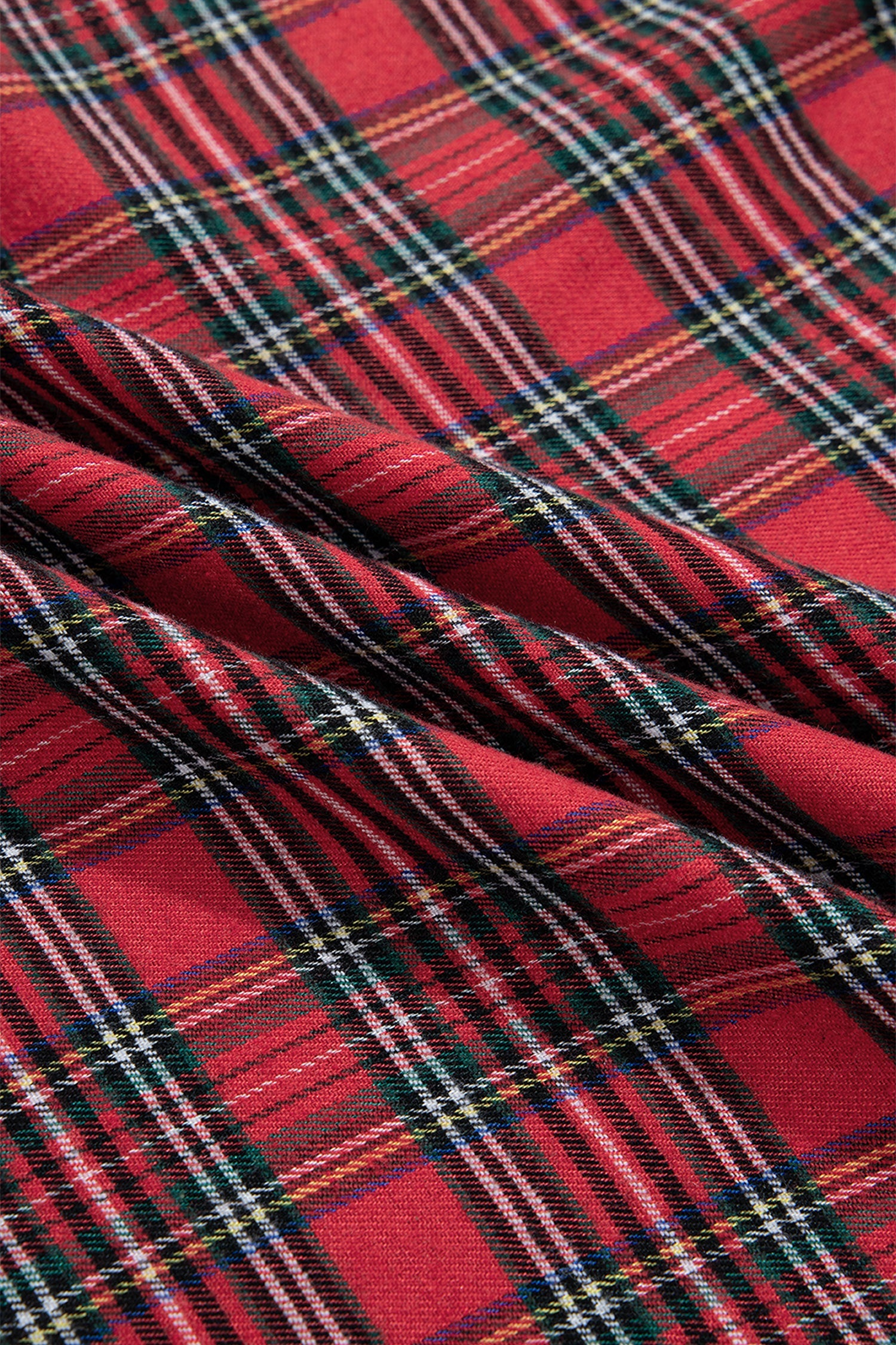 Plaid Bow Tie Front Puff Long Sleeve Dress in Red, close-up detail