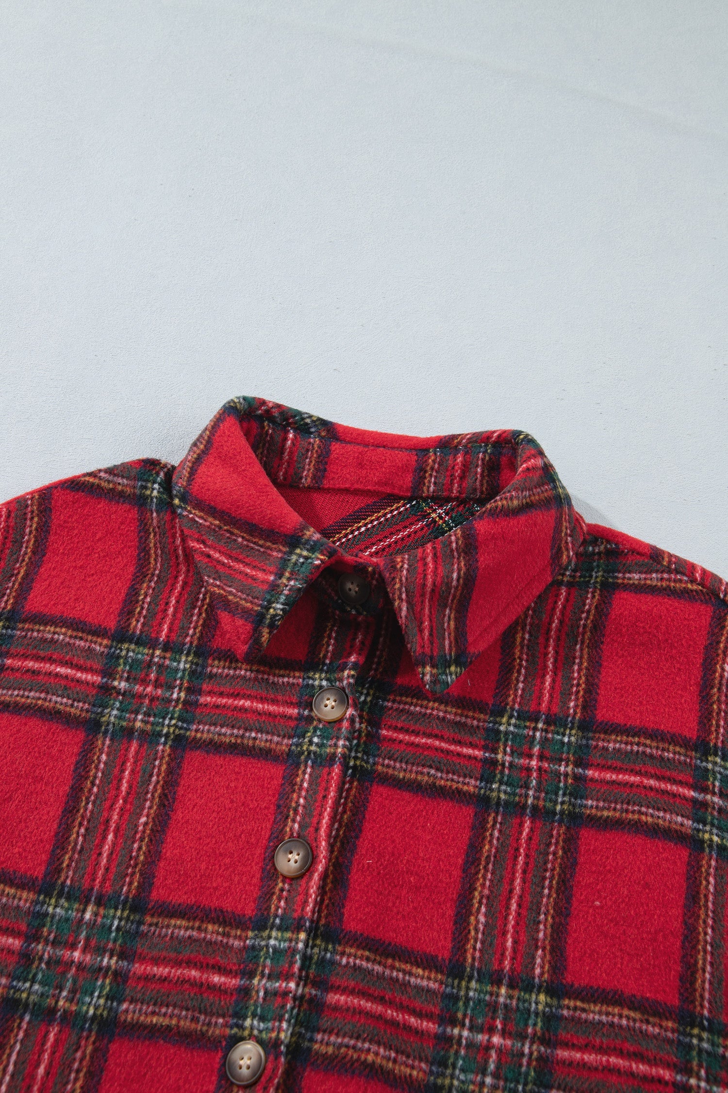 Plaid Button Front Long Sleeve Shacket in Red, back view
