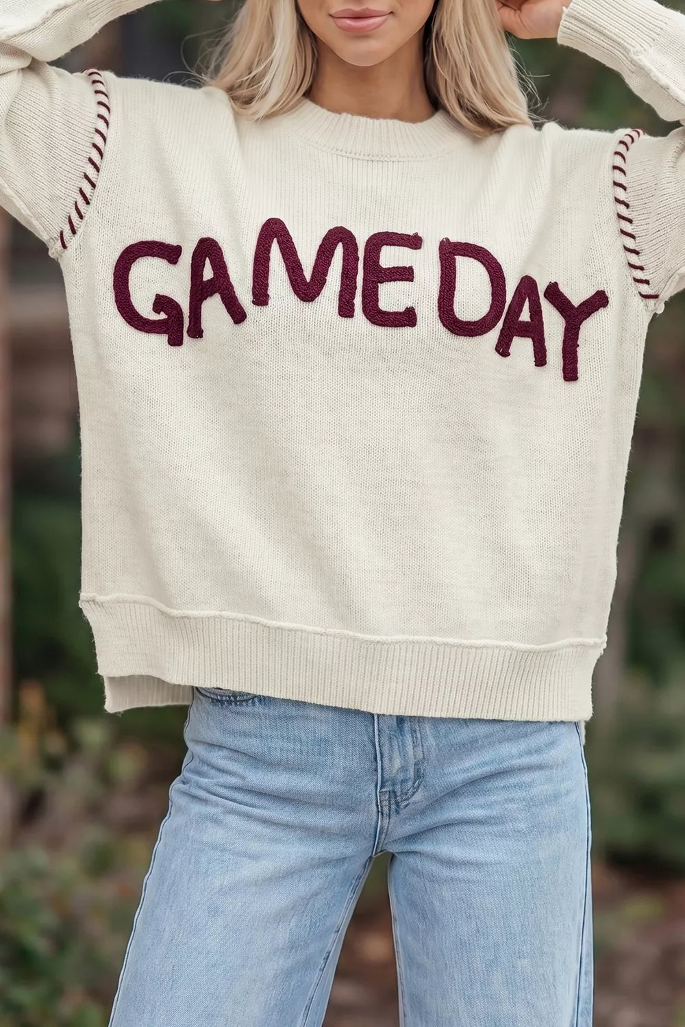 Drop Shoulder Game Day Letter Sweater - drop shoulder lettering sweater, view 1