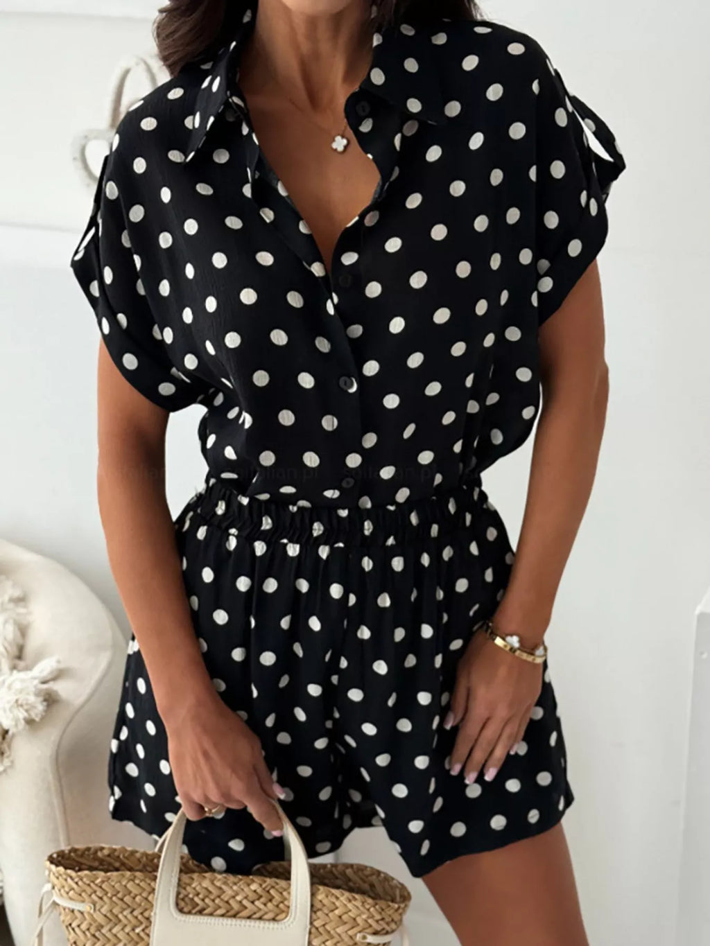 Polka Dot Button Up Shirt and Shorts Set, available in Black, Dark Brown, Cream, and Camel