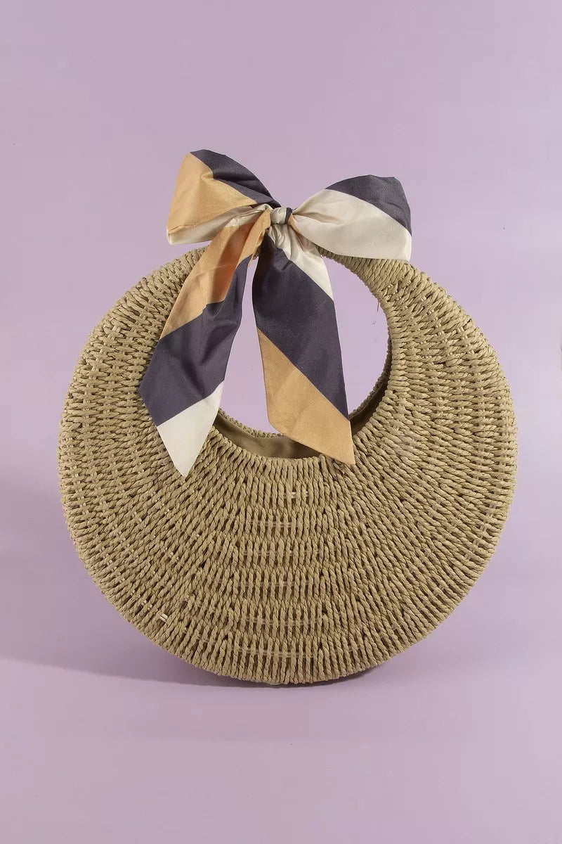 Fame Round Woven Straw Bag With Bow Scarf Accent - side view