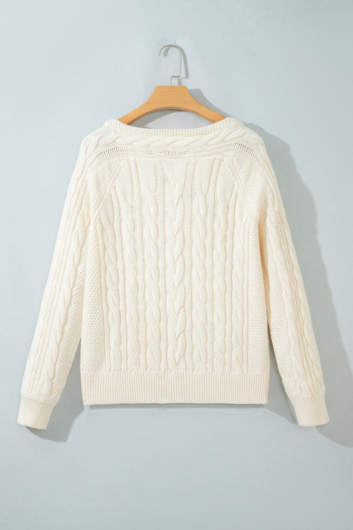 Cable Knit Round Neck Sweater in beige, side view