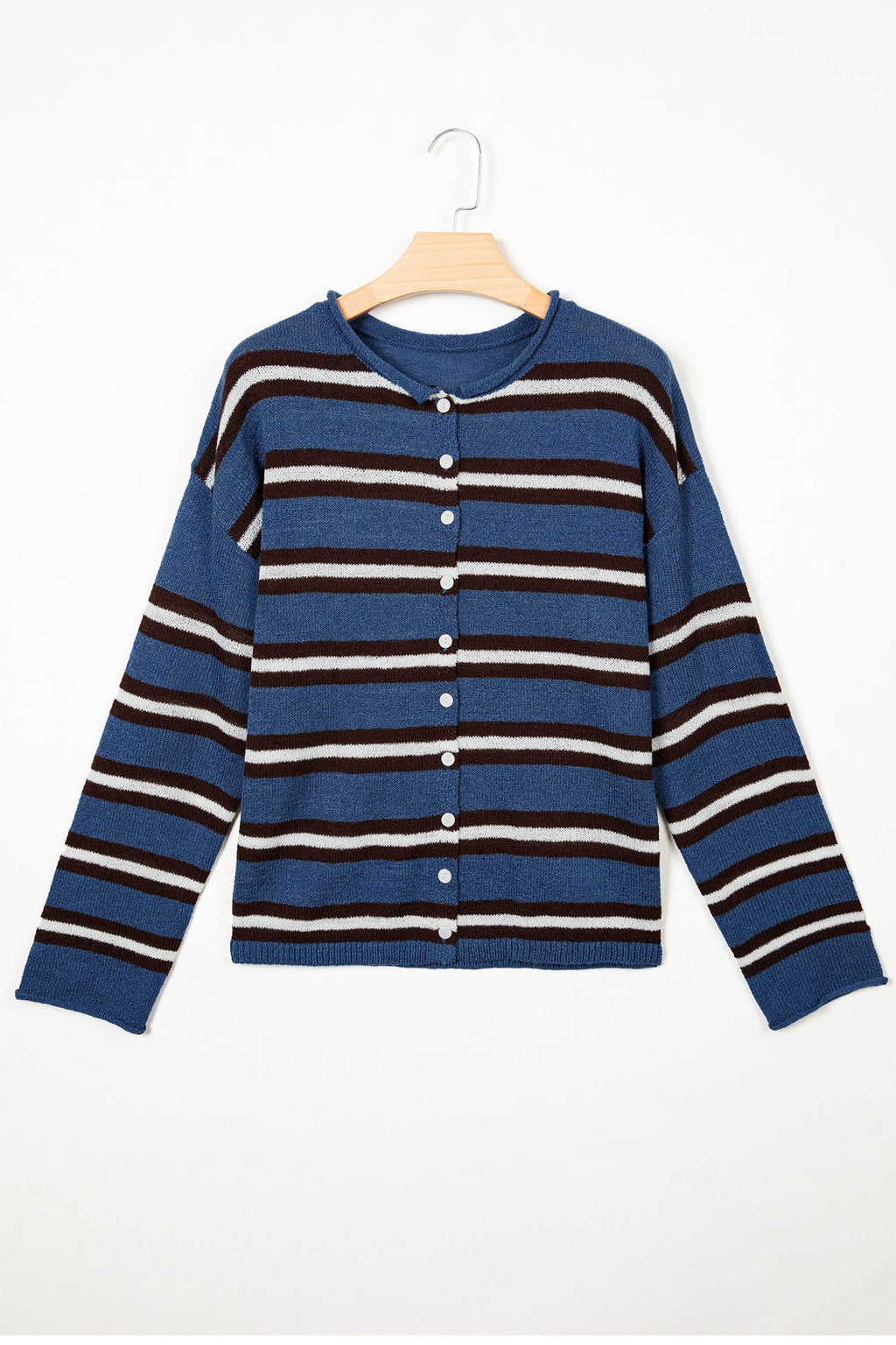 Stripe Drop Shoulder Buttoned Knit Cardigan in pink stripe, detail