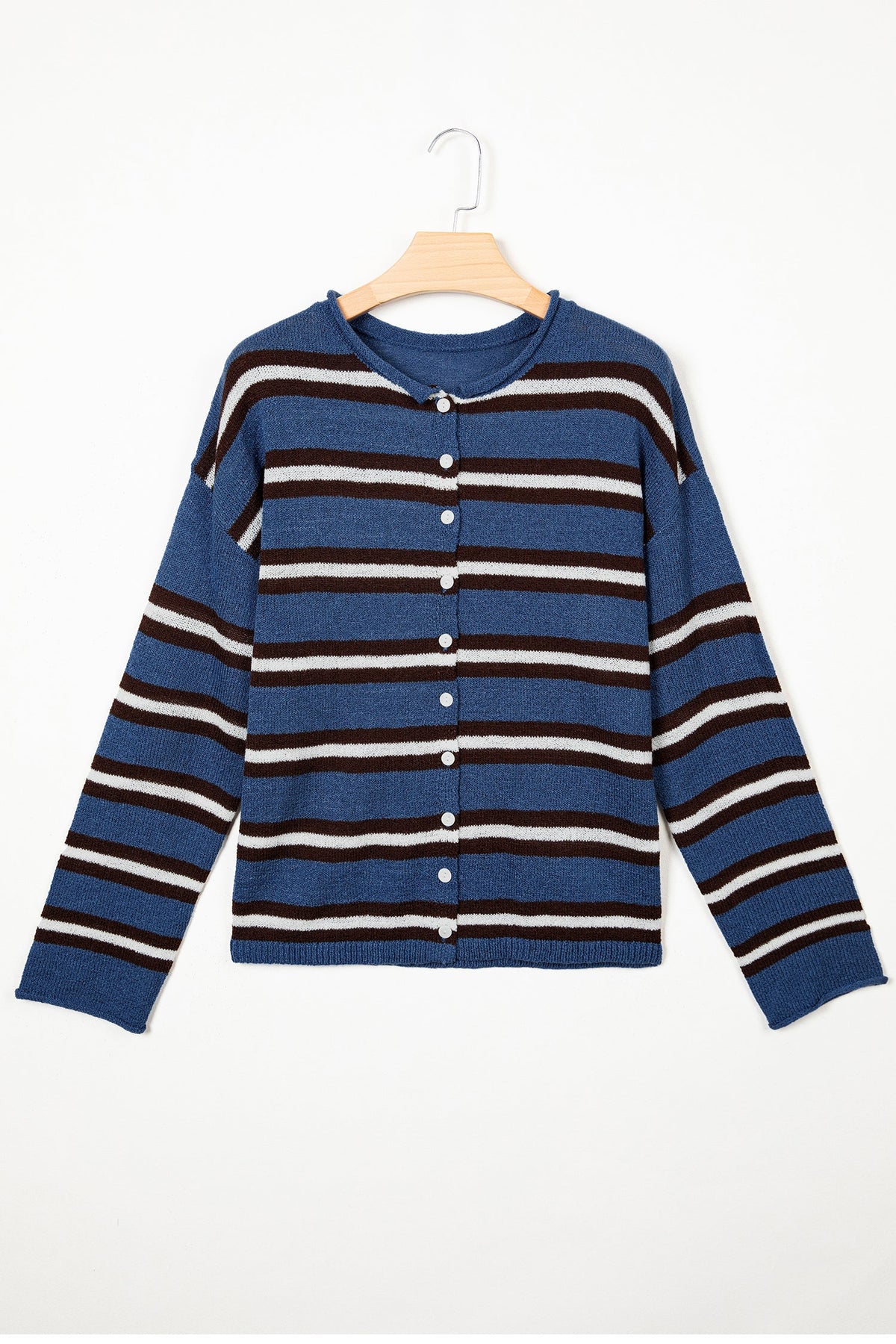 Stripe Drop Shoulder Buttoned Knit Cardigan in pink stripe, detail
