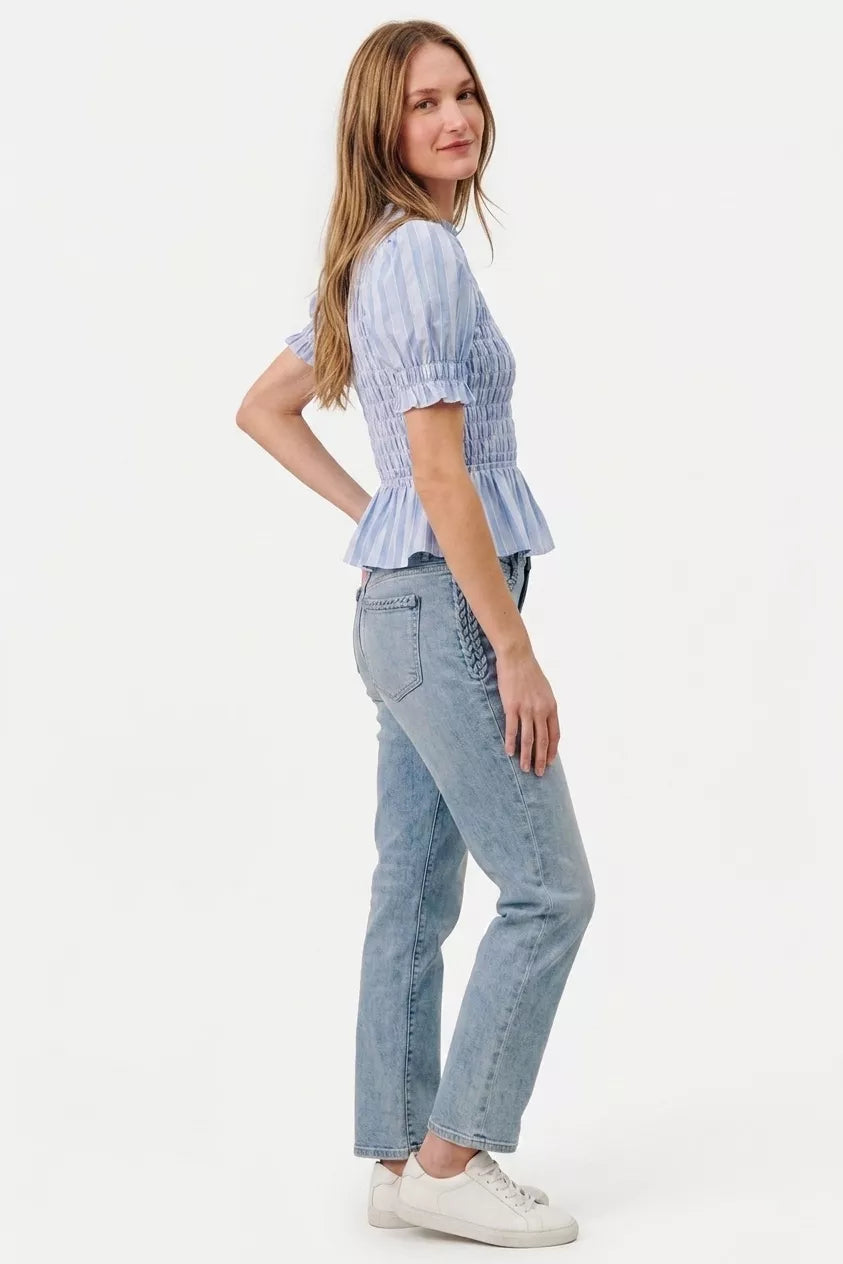 SO ME Stripe Smocked Bodice Puff Sleeves Blouse Top - close up of smocked bodice and ruffle cuff detail