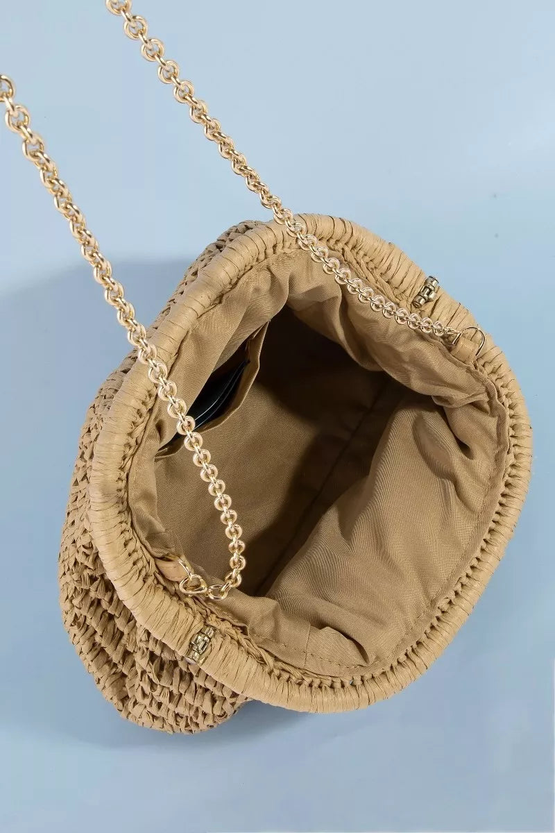 Fame Woven Raffia Frame Shoulder Bag - close up of natural raffia weave texture