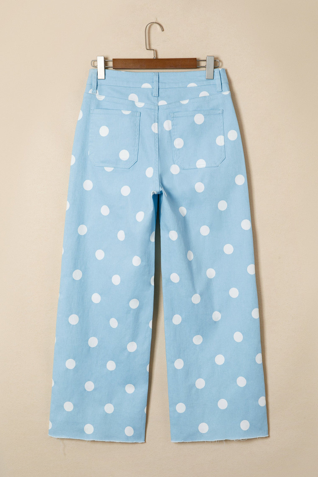 Polka Dot Denim Raw Hem High Waist Jeans in Sky Blue - close up of raw hem and polka dot denim detail