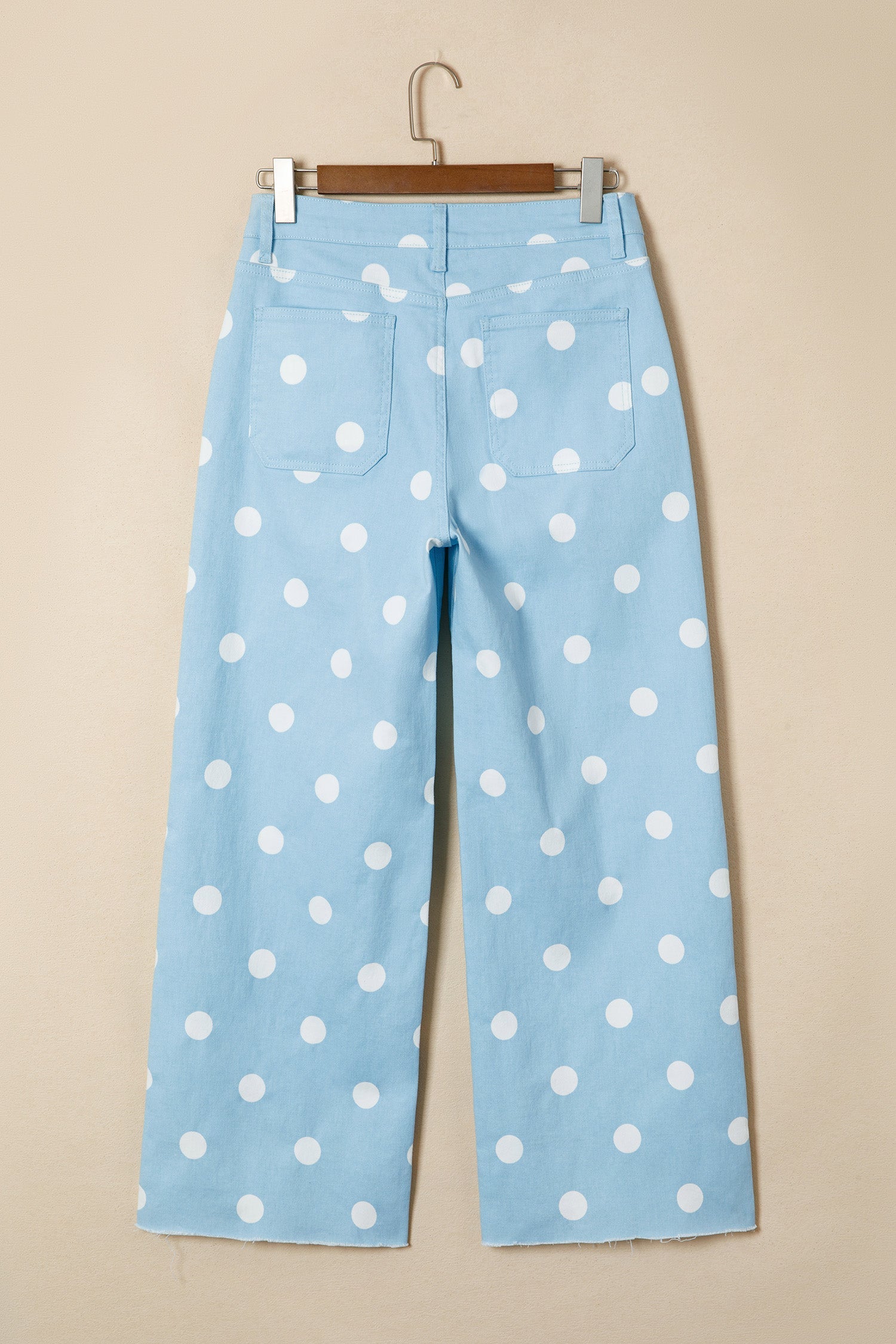 Polka Dot Denim Raw Hem High Waist Jeans in Sky Blue - close up of raw hem and polka dot denim detail