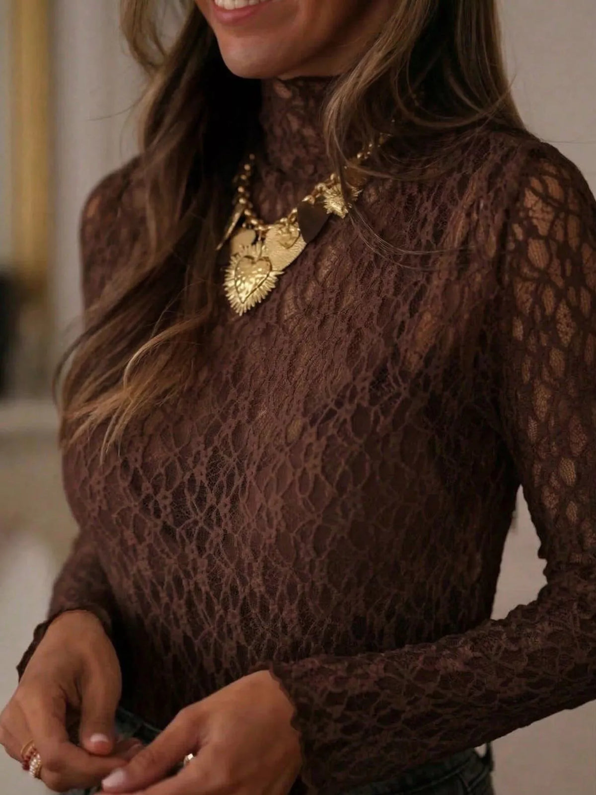 Mock neck sheer lace top, view 15