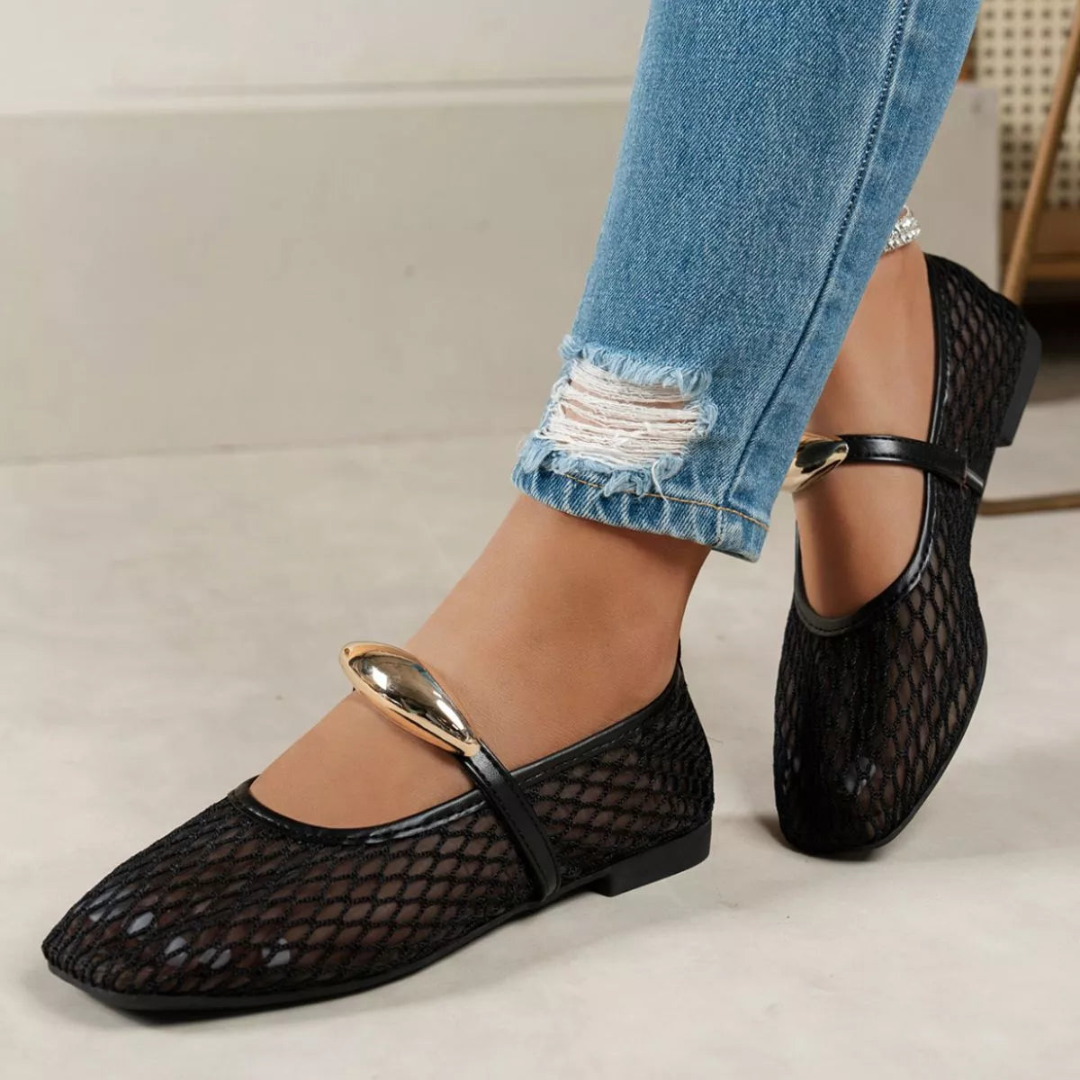 Square Toe Slip-Ons - mesh square toe low heel shoes, view 3