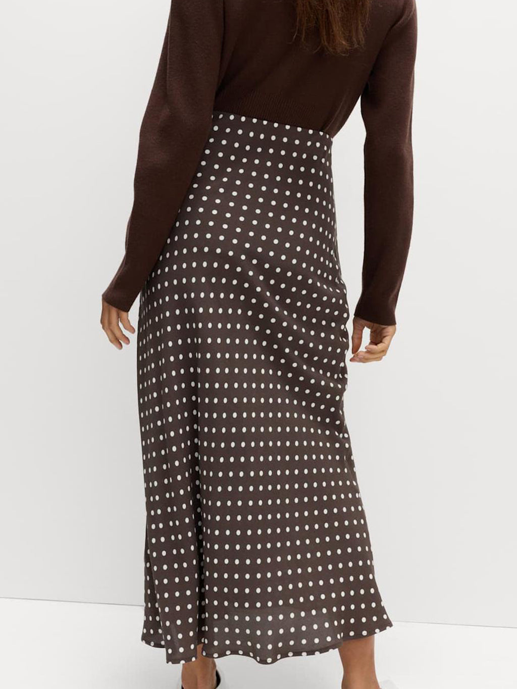 Polka Dot Midi Skirt in Brown - styled outfit full length view